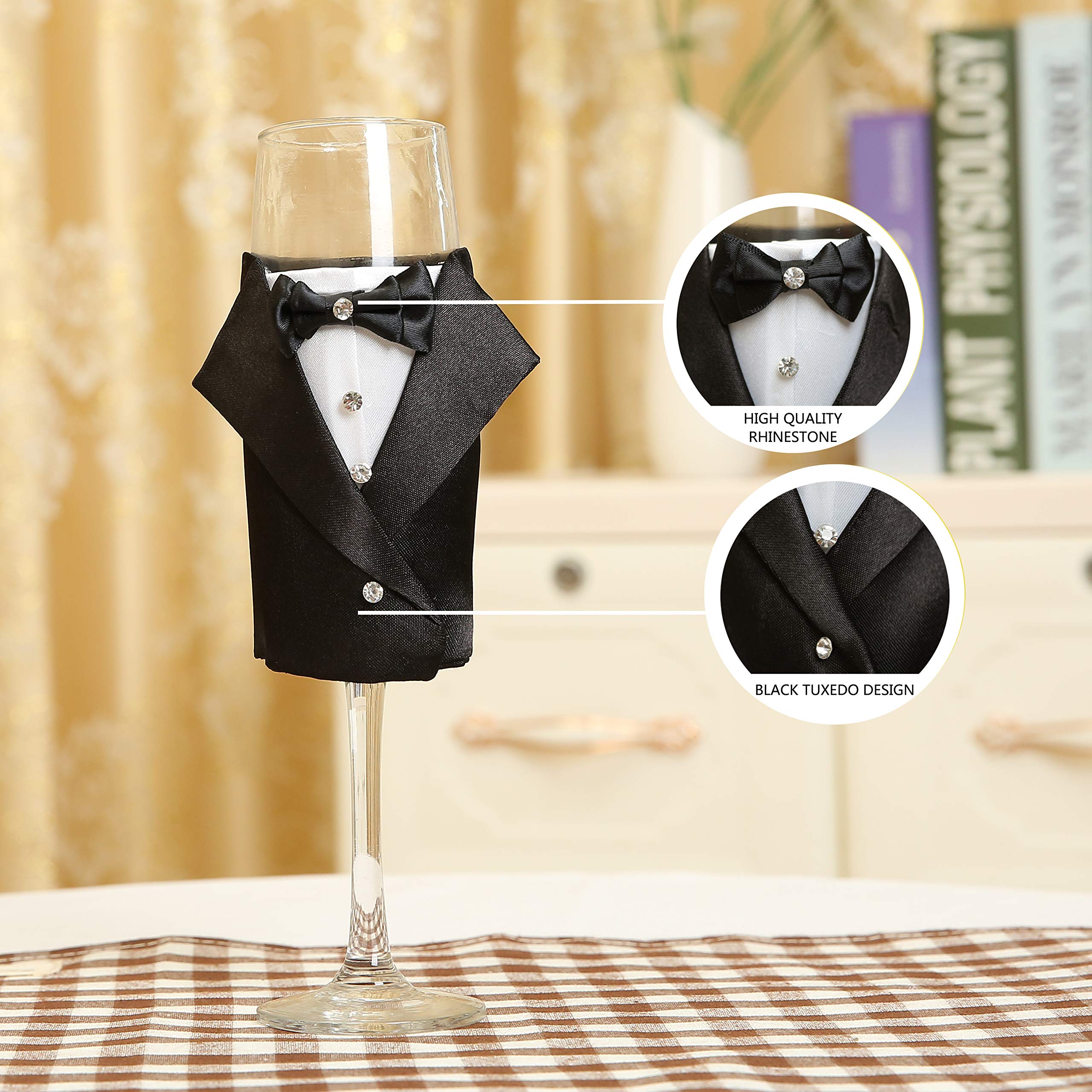 Elegant Wedding Toast Glasses Set - Bride & Groom Champagne Flutes for Wedding Ceremony, Bridal Shower Gift - Perfect for Wedding Toasts, Anniversary Celebrations and Romantic Dinners (Black Groom Suit Design)