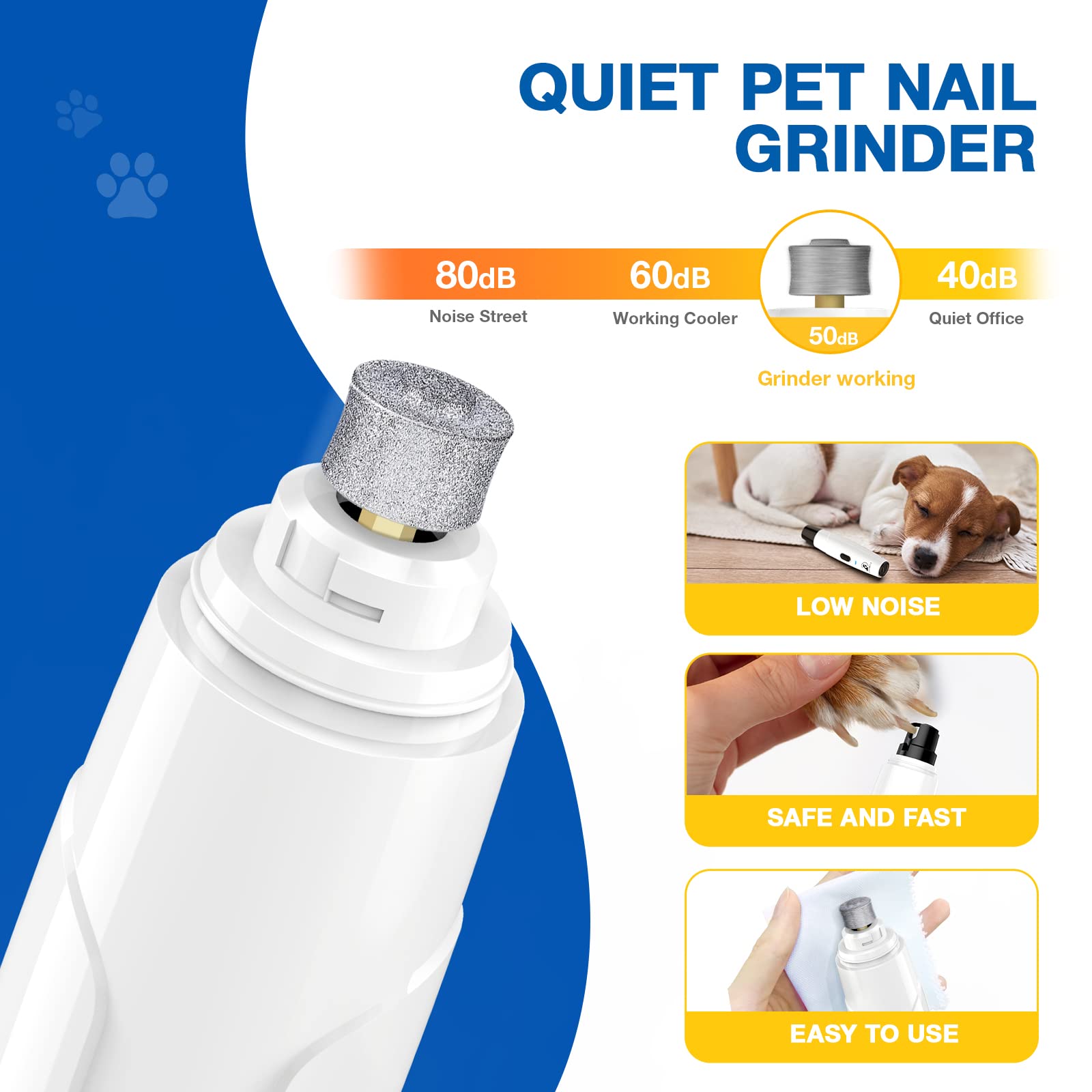 Bonve Pet Nail Grinder for Dogs & Cats - Quiet Rechargeable Dog Nail Trimmer with 2 Speeds & 2 Grinding Wheels for Small to Large Pets - Perfect for Grooming at Home or Professional Use