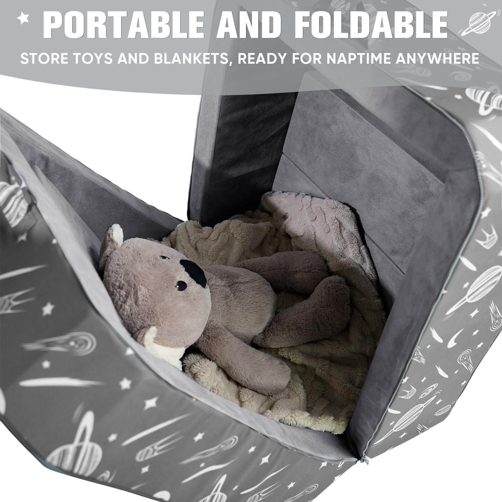 JOYWOO Toddler Floor Bed - Foldable Portable Travel Bed for Kids 3-6 Years | Washable Cloth Cover | Perfect for Home, Playtime, Naps & Hotels | Charcoal Grey Kids Sleeping Cot for Daycare & Sleepovers
