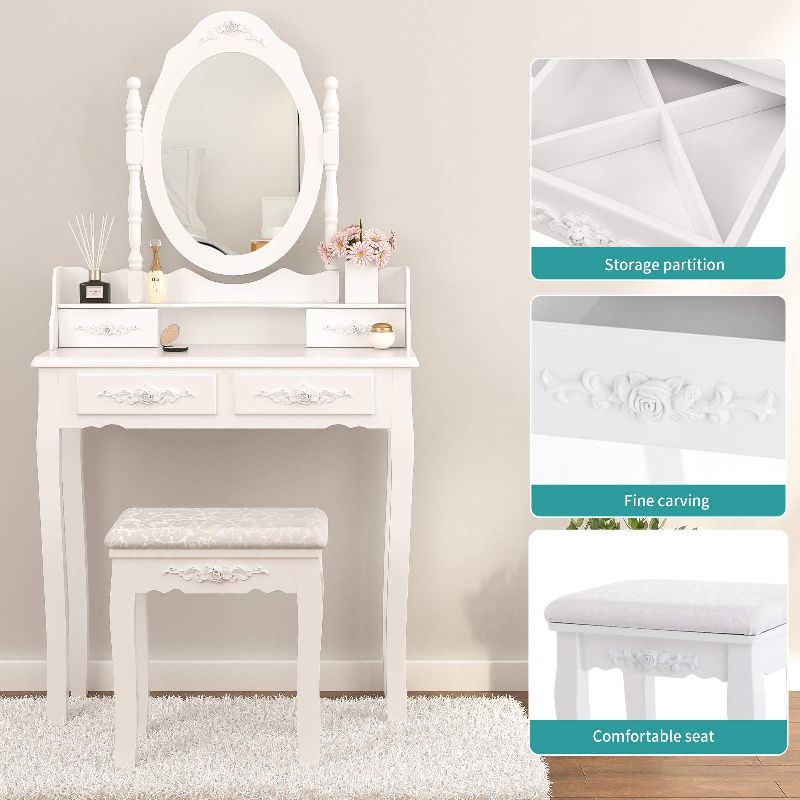 Vanity Table Set with Oval Mirror & Stool - White Wooden Dressing Table with 4 Drawers for Bedroom Makeup Organization | Perfect for Small Spaces, Bridal Suite & Home Beauty Corner