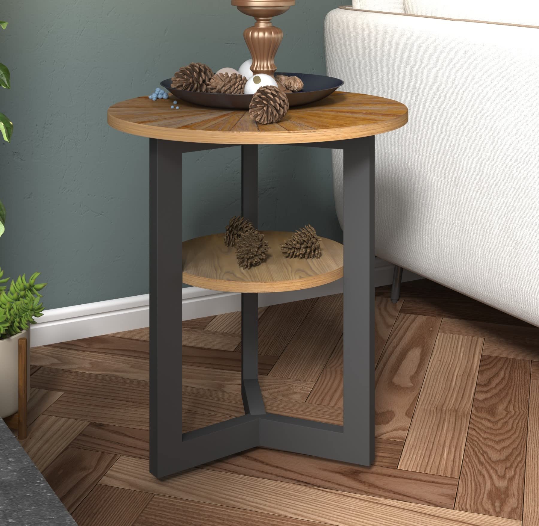 MODERION Round End Table with Storage - Solid Wood & Metal Frame Side Table - Easy Assembly Corner Table for Living Room, Office & Entryway - Rustic Natural Finish - Perfect for Small Spaces & Home Decor