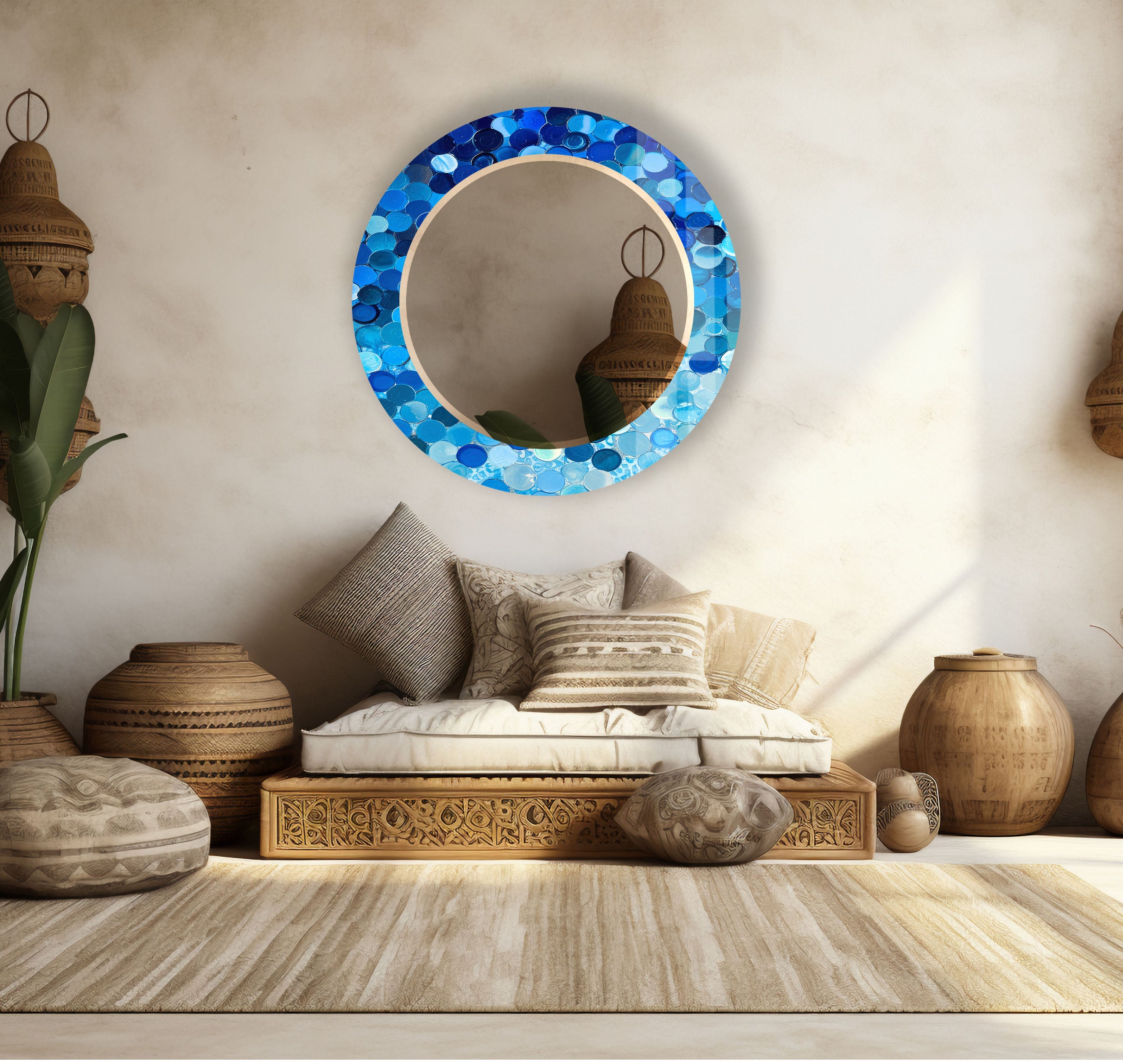 Blue Bubble Mosaic Round Wall Mirror - Coastal Style Accent Mirror for Modern Home Decor, Perfect for Bathroom, Bedroom, Living Room, and Entryway