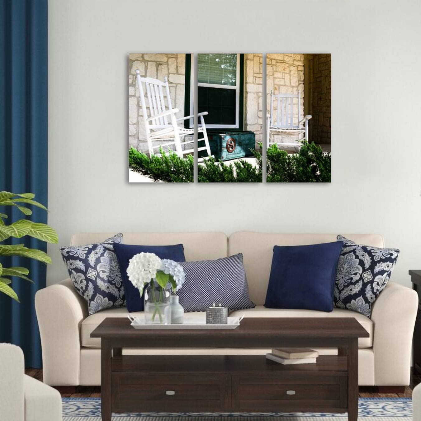 3 Piece Canvas Wall Art Prints - Modern Framed Painting for Living Room, Office, Porch - Ready to Hang Home Decor (Wooden Box & Rocking Chairs Scene) | Perfect for Farmhouse, Coastal, or Rustic Interior Design