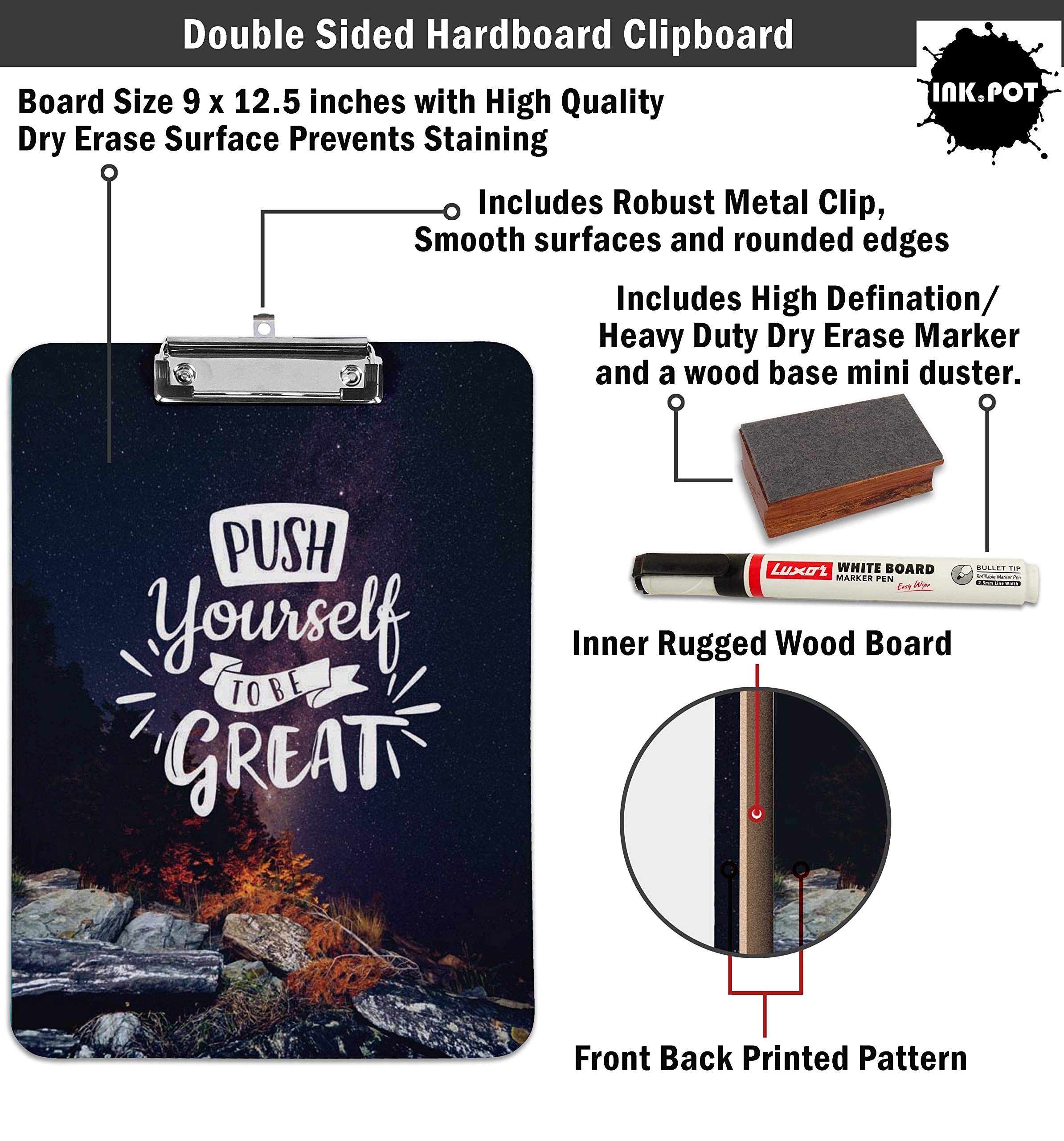 Double Sided Dry Erase Clipboard 9x15 - Letter Size with Free Marker & Duster for Office & School Use