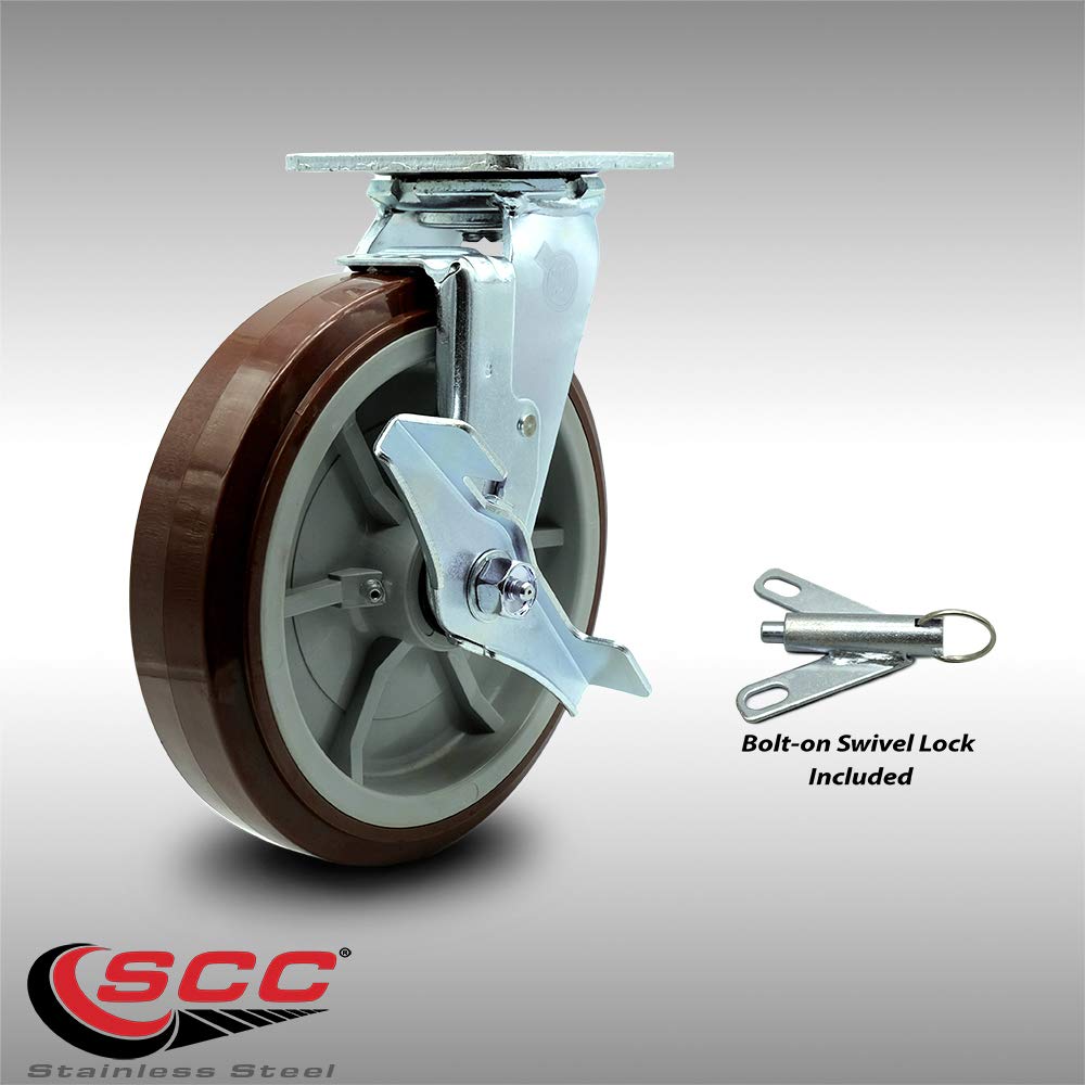 Heavy Duty Stainless Steel Swivel Caster with Top Lock Brake, Bolt-on Swivel Lock & 8