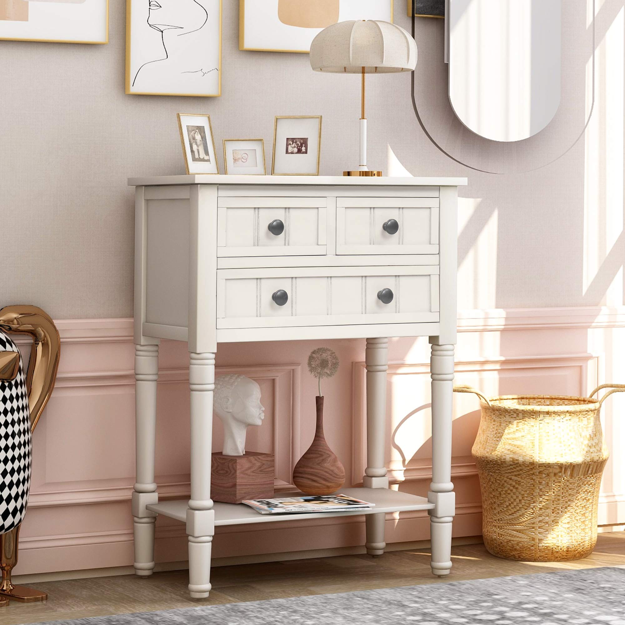 Narrow Console Table with 4 Storage Drawers & Bottom Shelf - Solid Wood Sofa Table, Entryway Table, Sideboard for Living Room, Hallway - Easy Assembly (White) - Perfect for Small Spaces & Home Organization