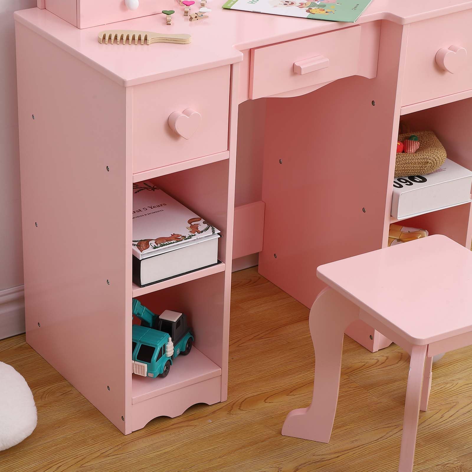**Pink Princess Vanity Table for Girls - Kids Makeup Dressing Table with Tri-Fold Mirror, Drawer & Storage Shelves, Includes Chair - Perfect for Toddler Pretend Play, Birthday Gifts & Bedroom Decor**