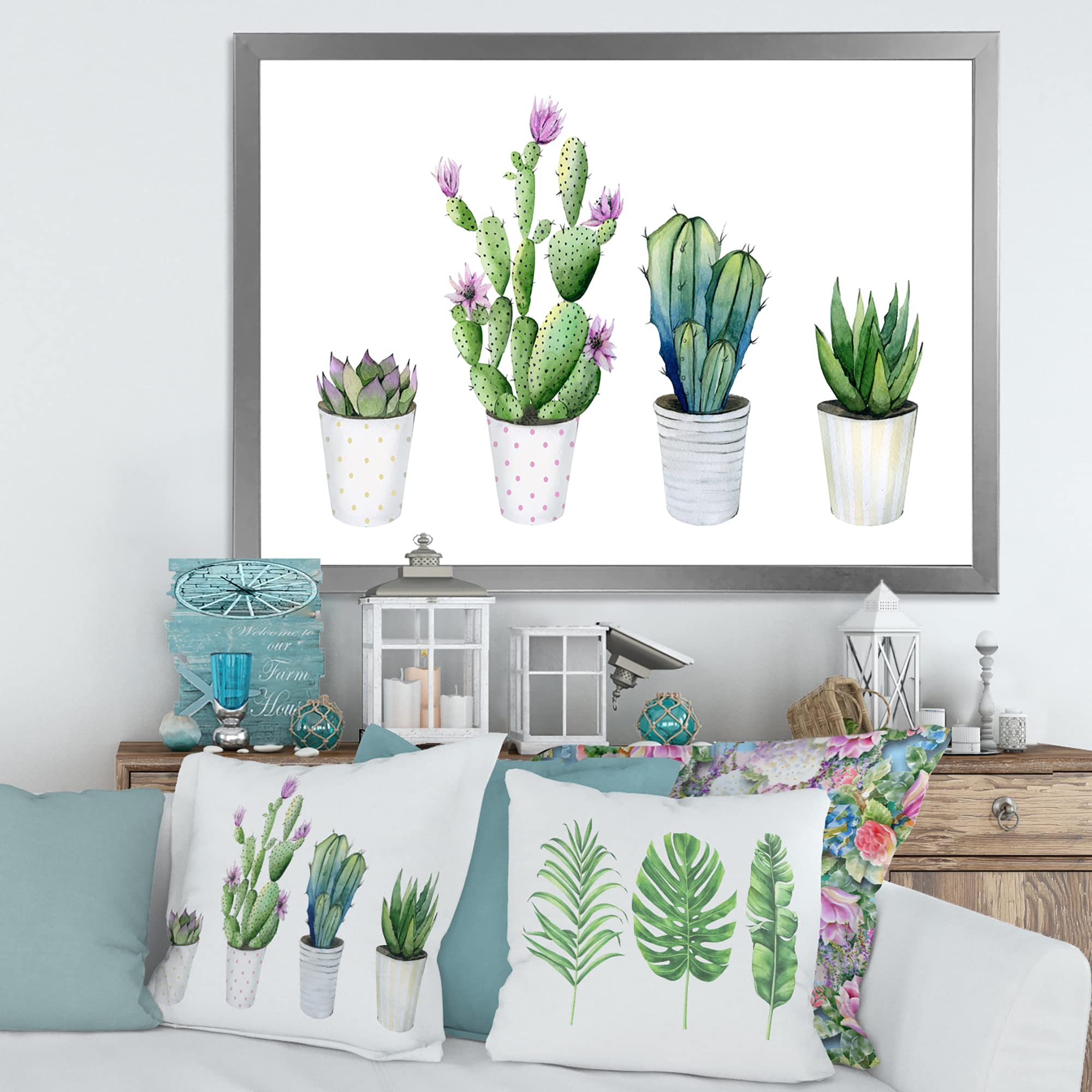 DesignQ Cactus & Succulent Aloe Vera Potted Plants - Farmhouse Style Framed Wall Art Decor for Living Room, Office & Home Interior