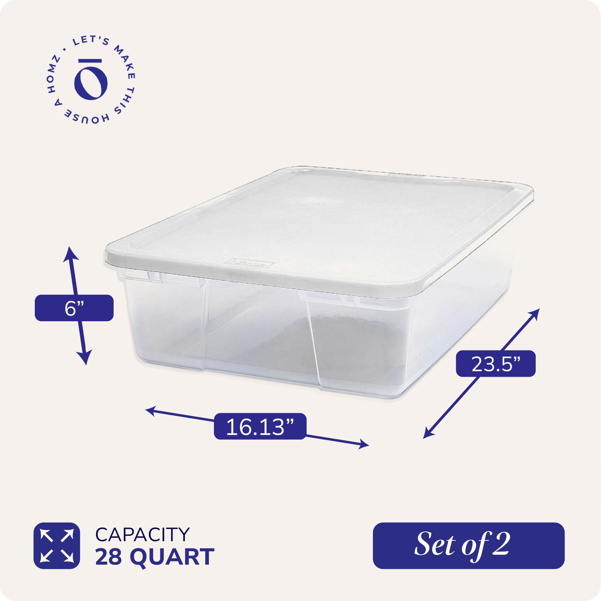 HOMZ 2-Pack 28 Quart Clear Plastic Storage Bins with White Lids - Stackable Organizing Containers for Home, Office, Pantry & Closet Organization