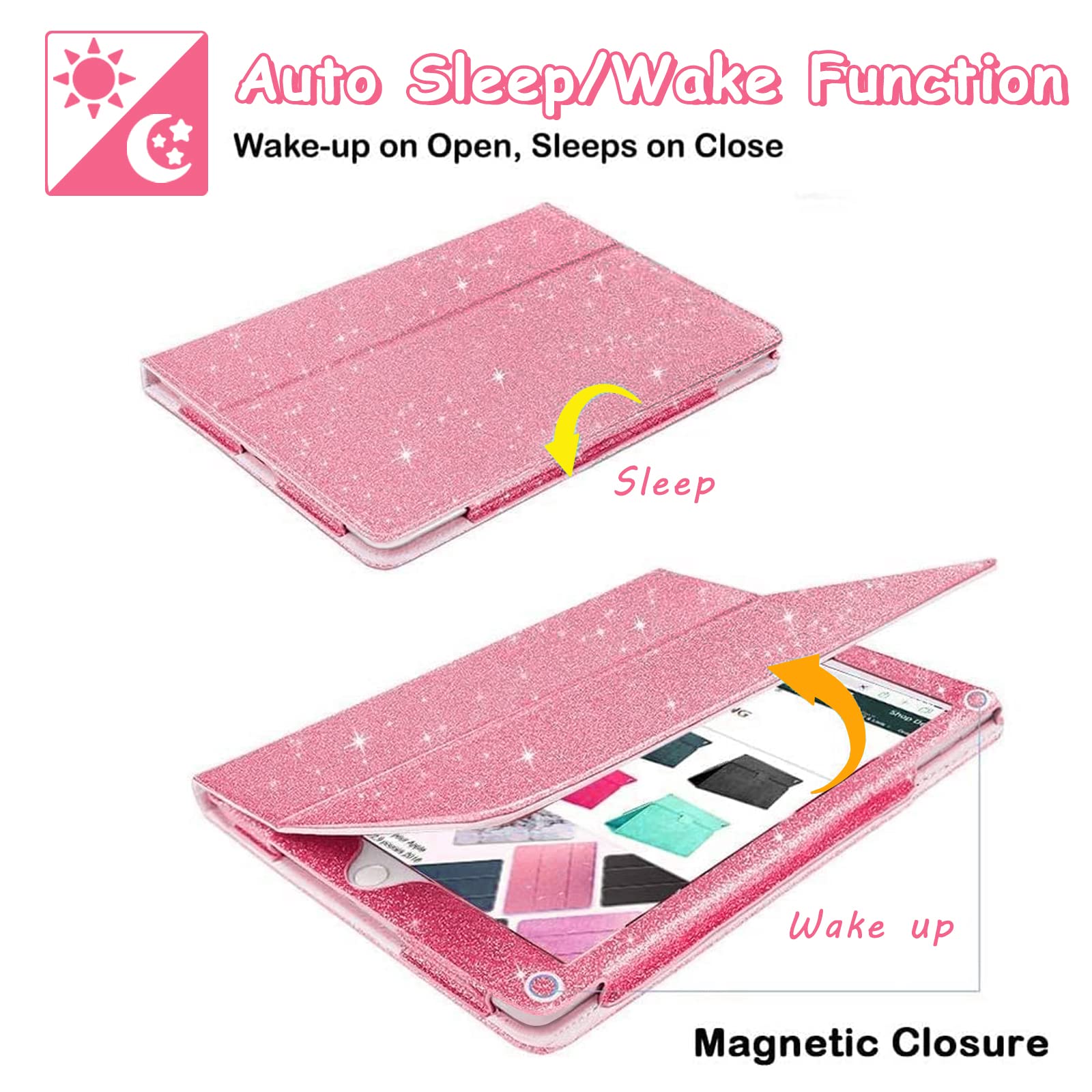 Premium Glitter iPad Case for iPad 9.7 inch (6th/5th Gen, Air/Air 2/Pro 2017-2018) with Pencil Holder & Auto Sleep/Wake - Slim Stand Protective Cover in Pink - Perfect for School, Work & Travel