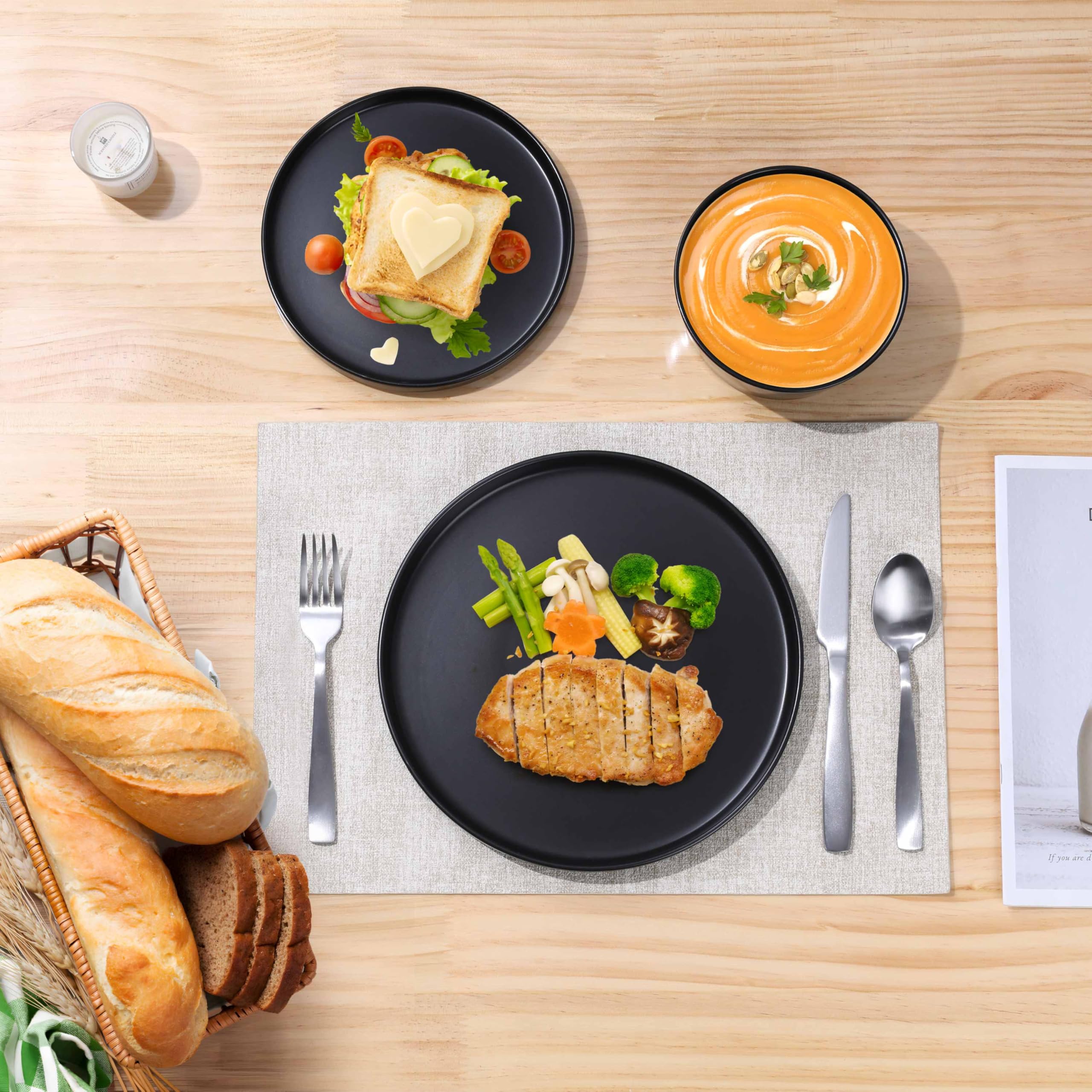Herogo 18-Piece Stoneware Dinnerware Set for 6, Includes Dinner Plates & Bowls, Reactive Glaze Kitchen Dishes - Chip Resistant, Microwave & Dishwasher Safe, Matte Black - Perfect for Family Dinners, Restaurants, and Entertaining Guests