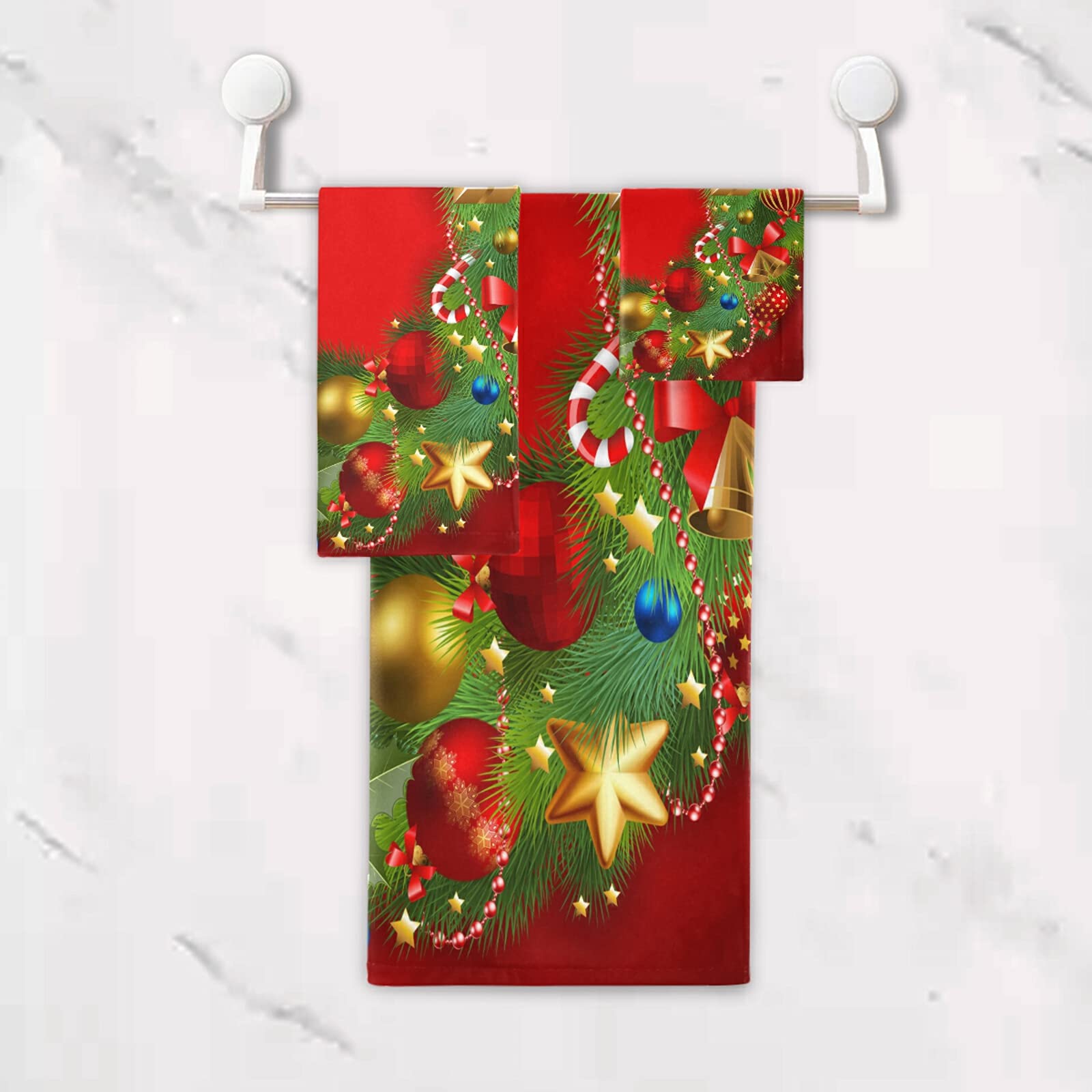 ALAZA Christmas Wreath Red Bath Towel Set - Luxury 3-Piece Decorative Set (1 Bath Towel, 1 Hand Towel, 1 Washcloth) - Ultra Soft for Bathroom, Hotel, Gym, Yoga & Spa - Perfect for Holiday Decor & Gift Giving