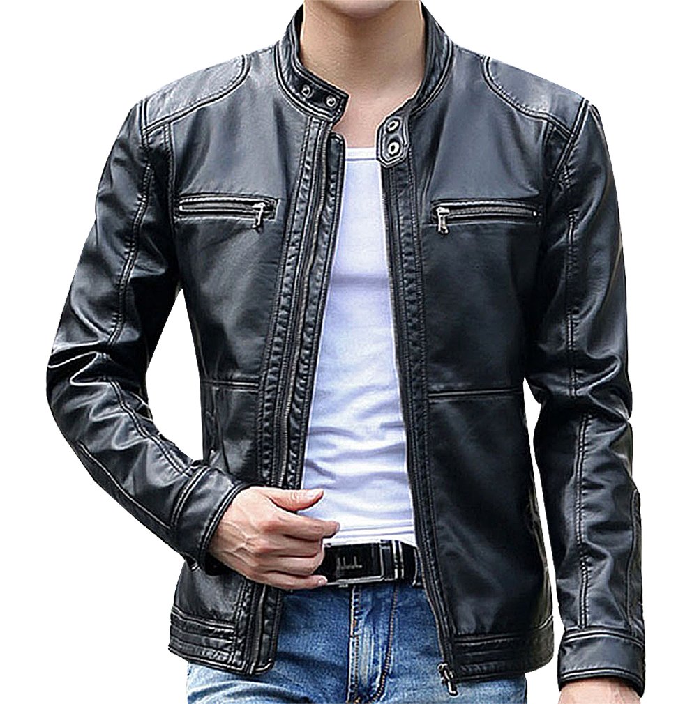 BAMan Men's Solid Color Stitched Zip-Up Stand Collar 4-Pocket Leather Jacket | Motorcycle Jacket, Biker Style, Casual Winter Outerwear for Men