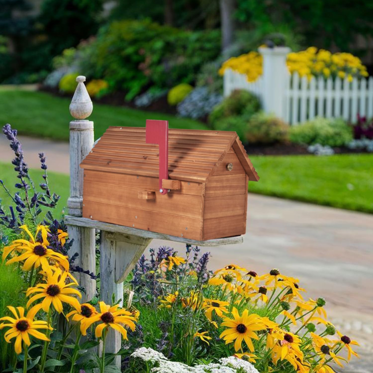 Outdoor Cedar Mailbox with Wood Roof - Decorative House Mailbox for Envelopes, Letters & Packages - Perfect for Garden, Yard, School & Library Use