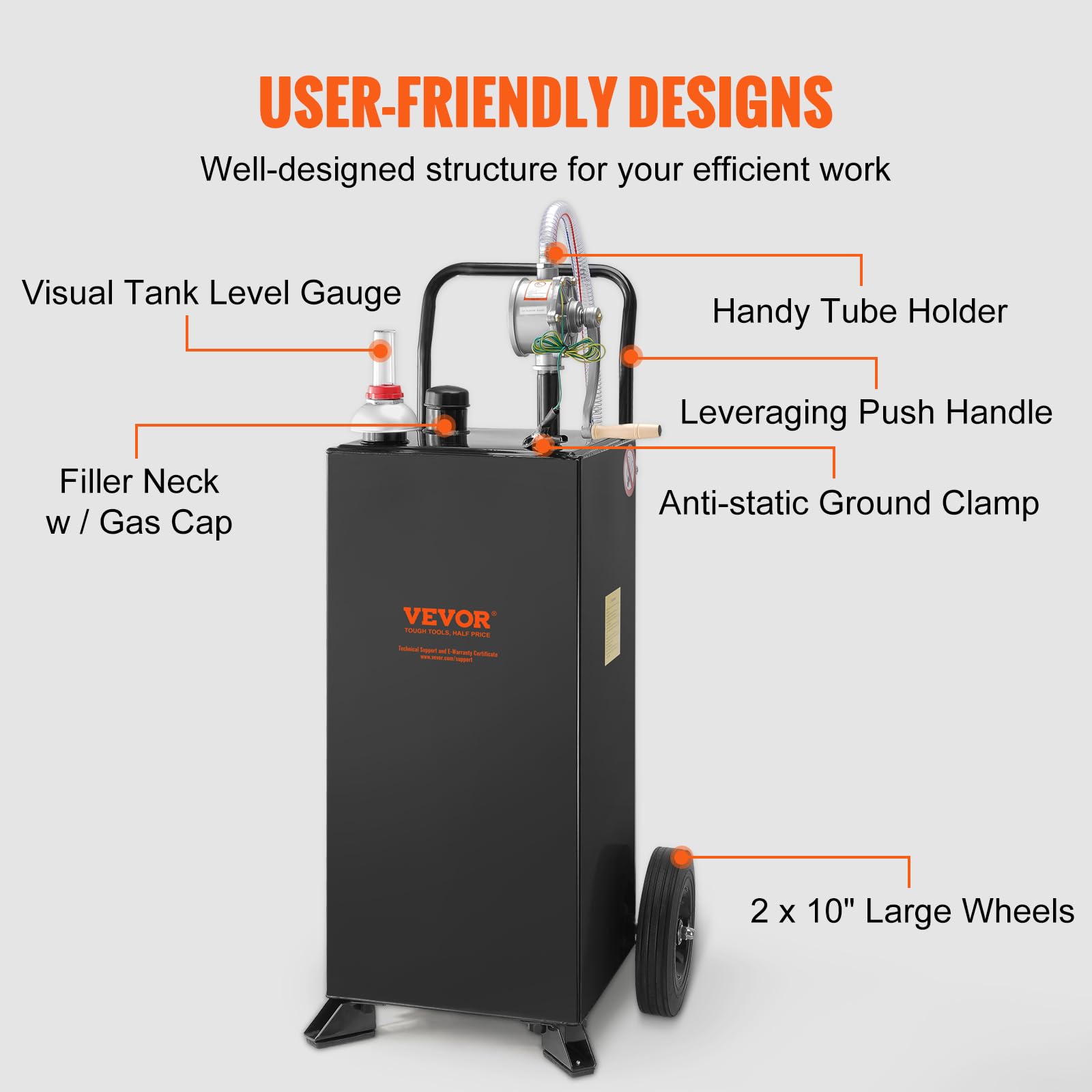 VEVOR 30 Gallon Portable Gas Caddy with Manual Pump - Heavy Duty Fuel Storage Tank for Gasoline & Diesel - 2-Wheel Design for Cars, ATVs, Lawn Mowers, Boats - Ideal for Garage, Farm & Outdoor Use