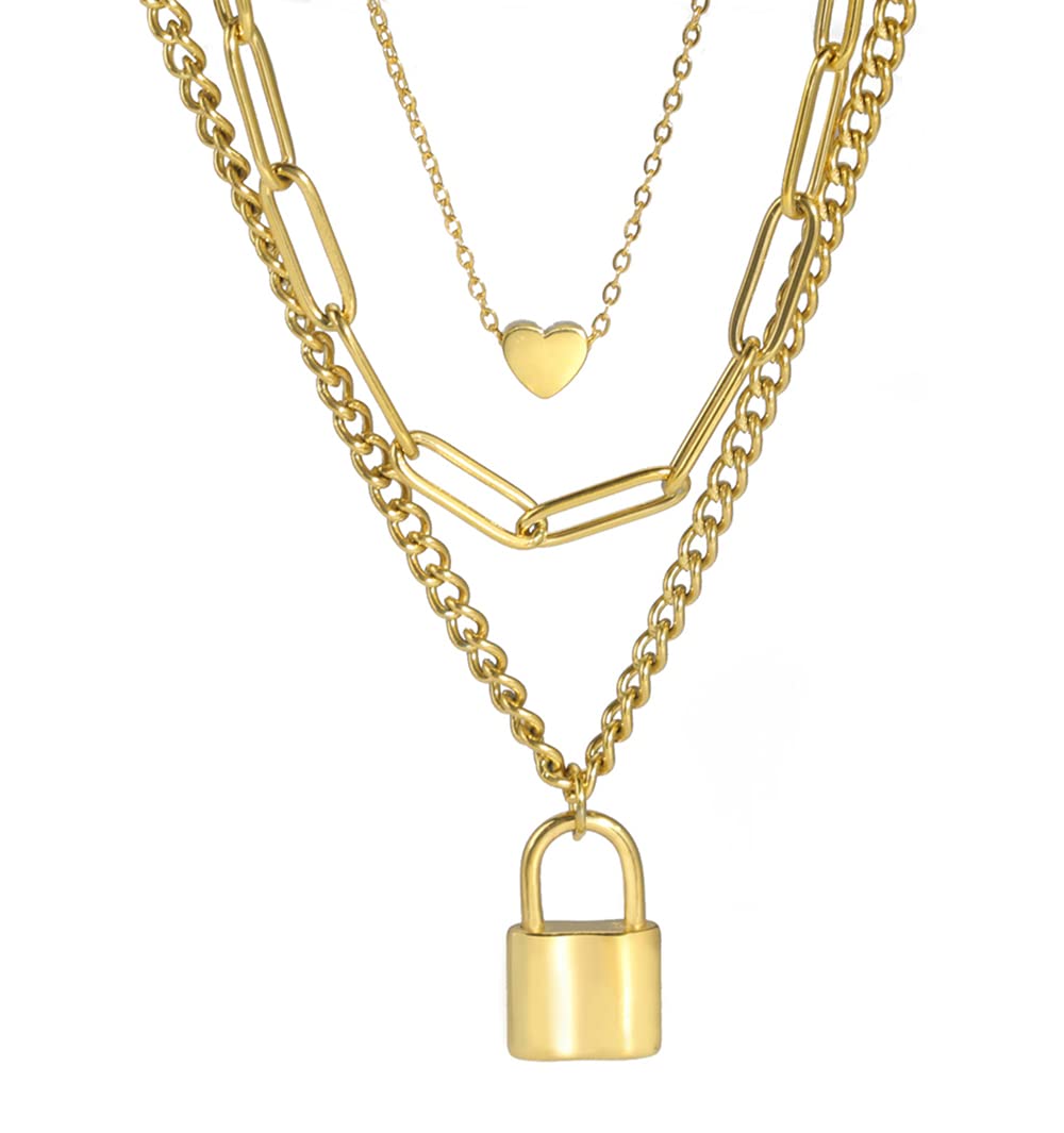 Stainless Steel Layered Necklace for Women & Men - Lock & Heart Pendant Punk Hip Hop Style Choker - 3 Layer Gothic Jewelry for Everyday Wear, Concerts, and Fashion Statements