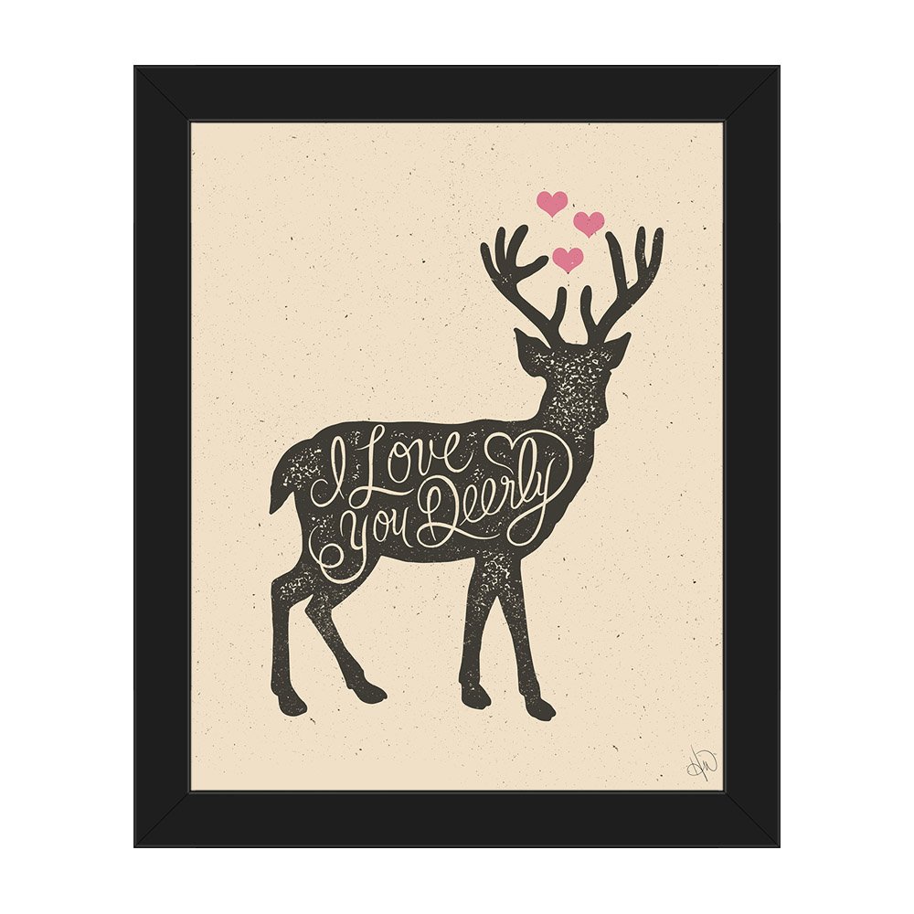 Funny Deer Wall Art Print - 'I Love You Deerly' Quote with Hearts on Canvas & Black Frame - Perfect for Living Room, Bedroom, or Nursery Decor