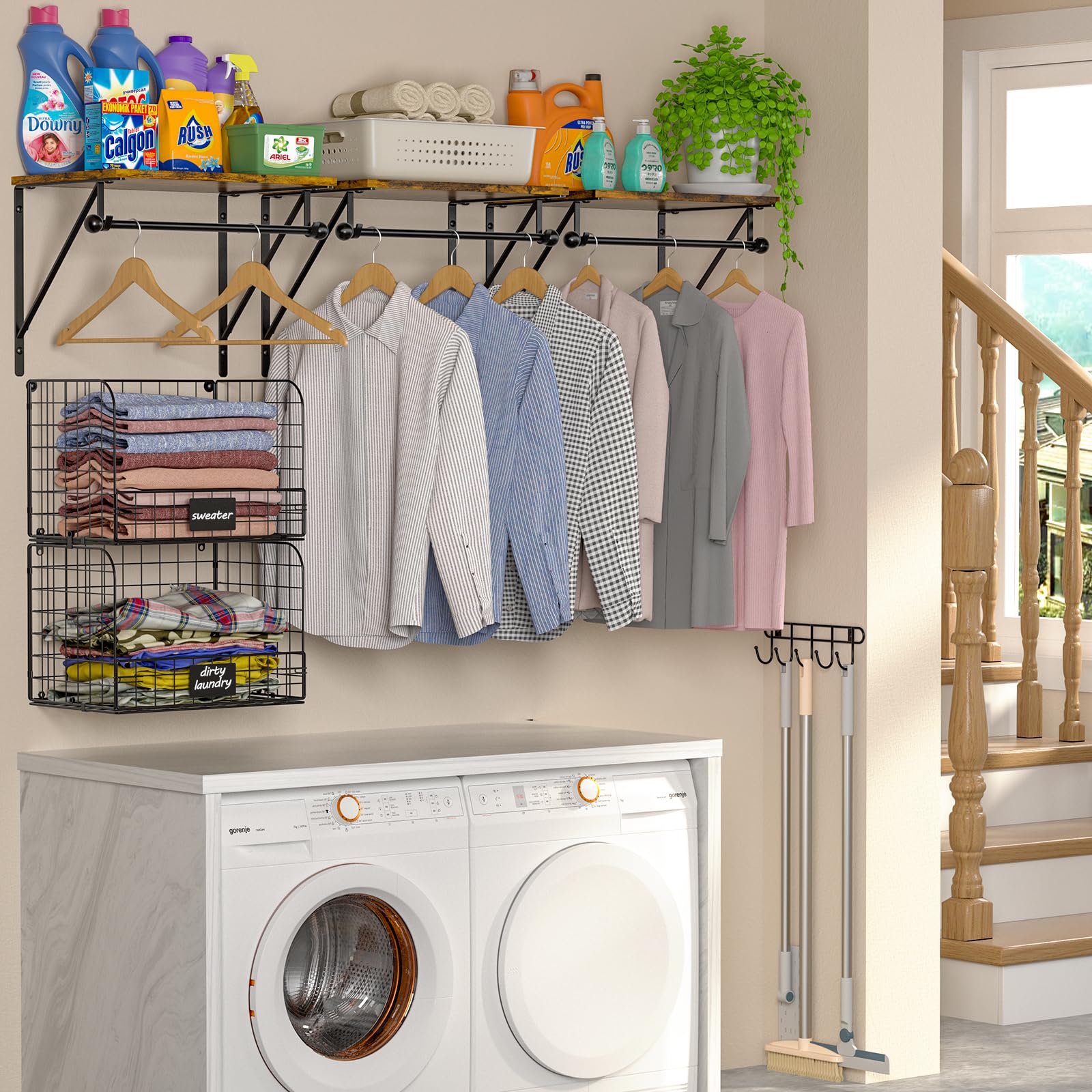 Wall Mounted Laundry Shelves with Wire Baskets - Wood & Metal Storage for Washer Dryer Area