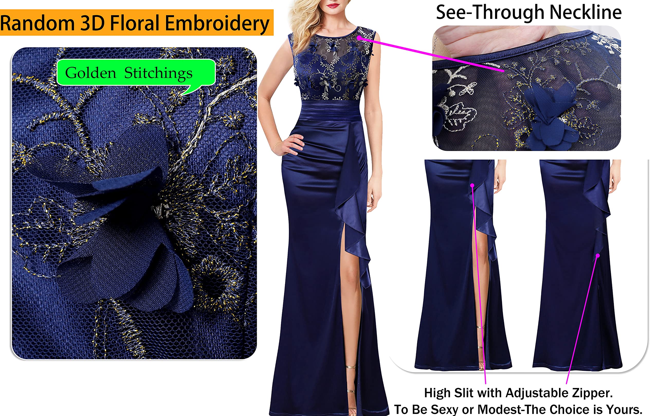 VFSHOW Women's Formal Ruched Ruffles Evening Prom Wedding Party Maxi Dress - Elegant Long Gown for Special Occasions, Dinners & Celebrations