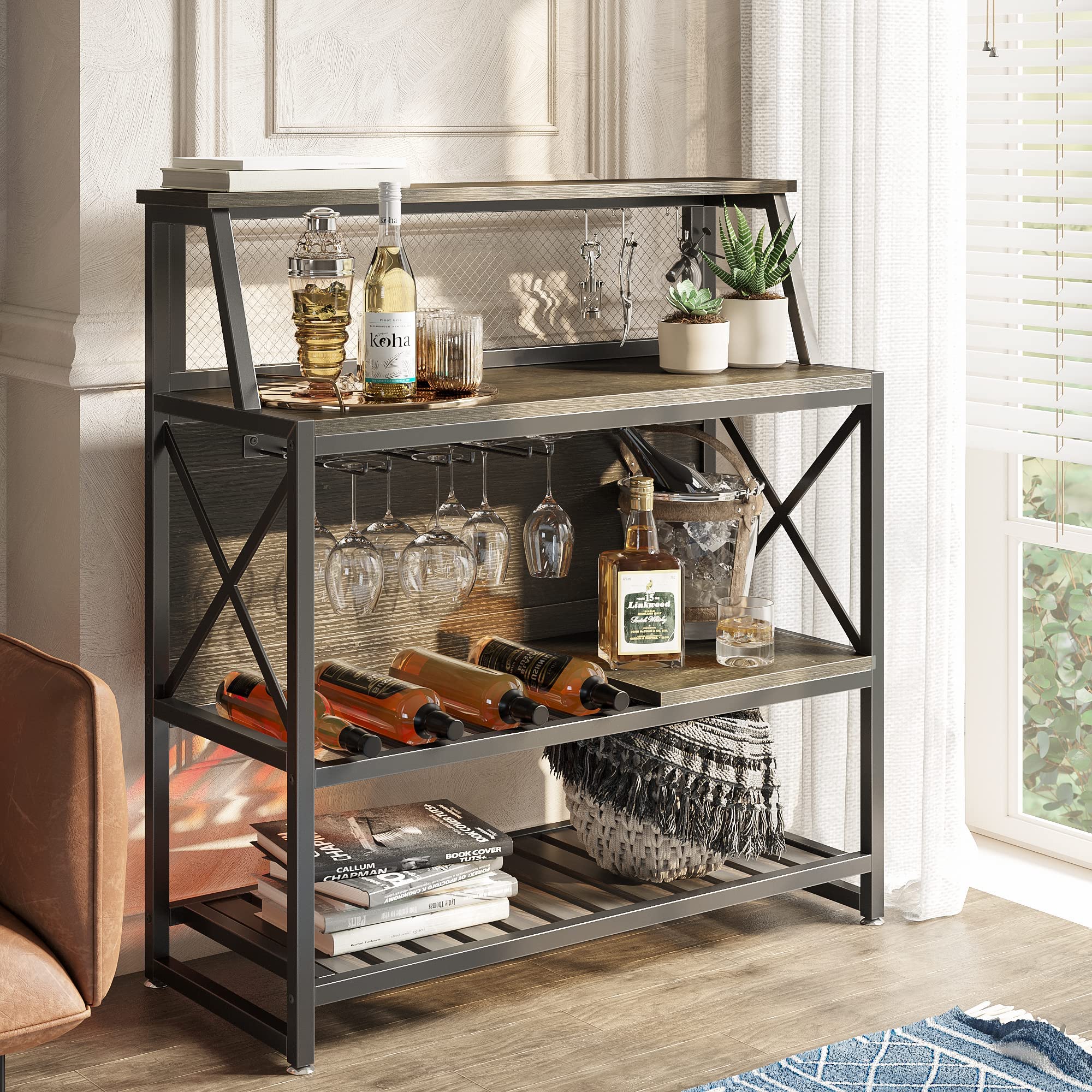 Bestier Bar Table with Storage - Freestanding Coffee Bar Cabinet for Liquor, Wine & Glasses - Kitchen & Dining Room Organizer with Built-in Wine Rack & Glass Holder - Perfect for Home, Basement or Entertaining - Gray
