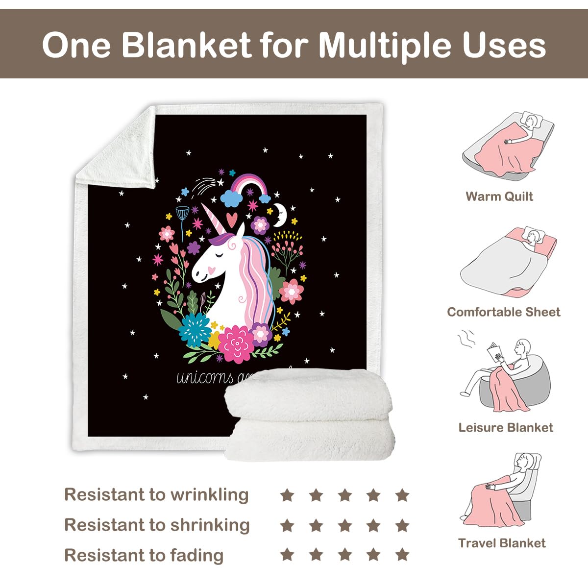 Cute Plush Unicorn Fleece Blanket - Soft Cartoon Unicorn with Flowers Design, Black Sherpa Blanket for Kids, Adults & Women (30x40 inches) - Perfect for Bedroom, Nursery, Sofa & Gift Giving