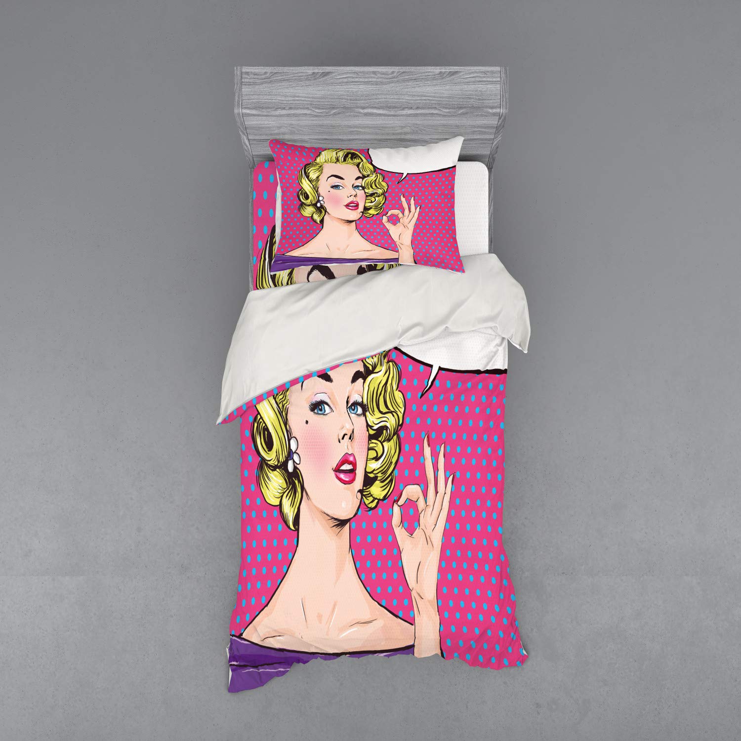 Vintage Pop Art Duvet Cover Set - Retro Comic Book Design with Blonde Woman Making OK Sign on Dotted Background | 3-Piece Twin Size Bedding Set (Duvet Cover, Sham & Fitted Sheet) | Multicolor | Perfect for Retro Themed Bedrooms, Teen Rooms & Comic Book Lovers