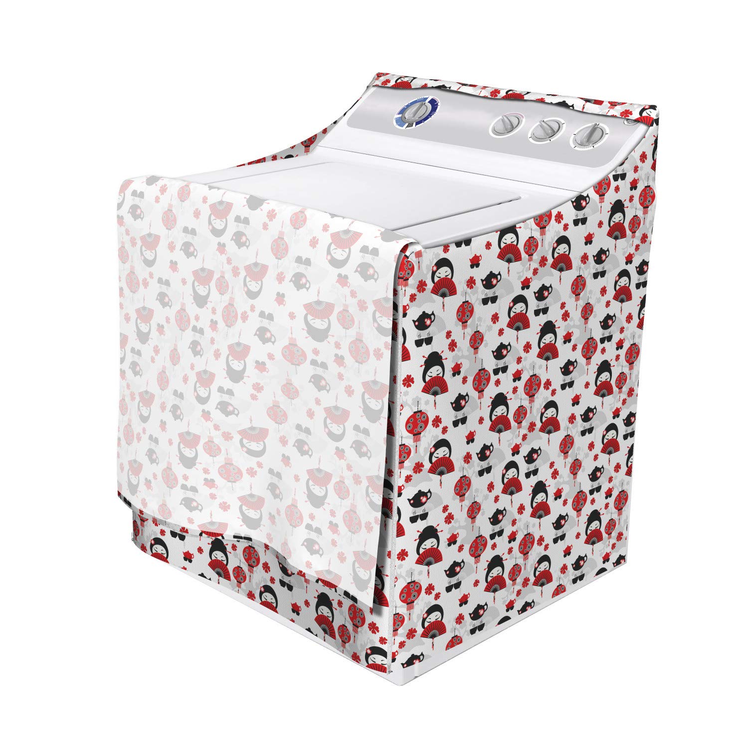 Lunarable Washer and Dryer Cover - Geisha with Japanese Fan & Chinese Tea Pot Floral Design, Black and Red, 29