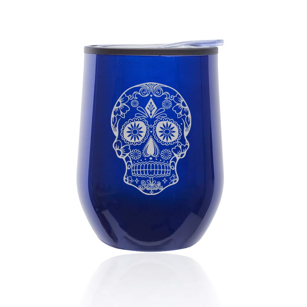 Stemless Wine Tumbler with Lid - 16oz Insulated Glass Coffee Travel Mug for Hot & Cold Drinks - Sugar Skull Design (Blue) - Perfect for Home, Office, Camping & Gifts