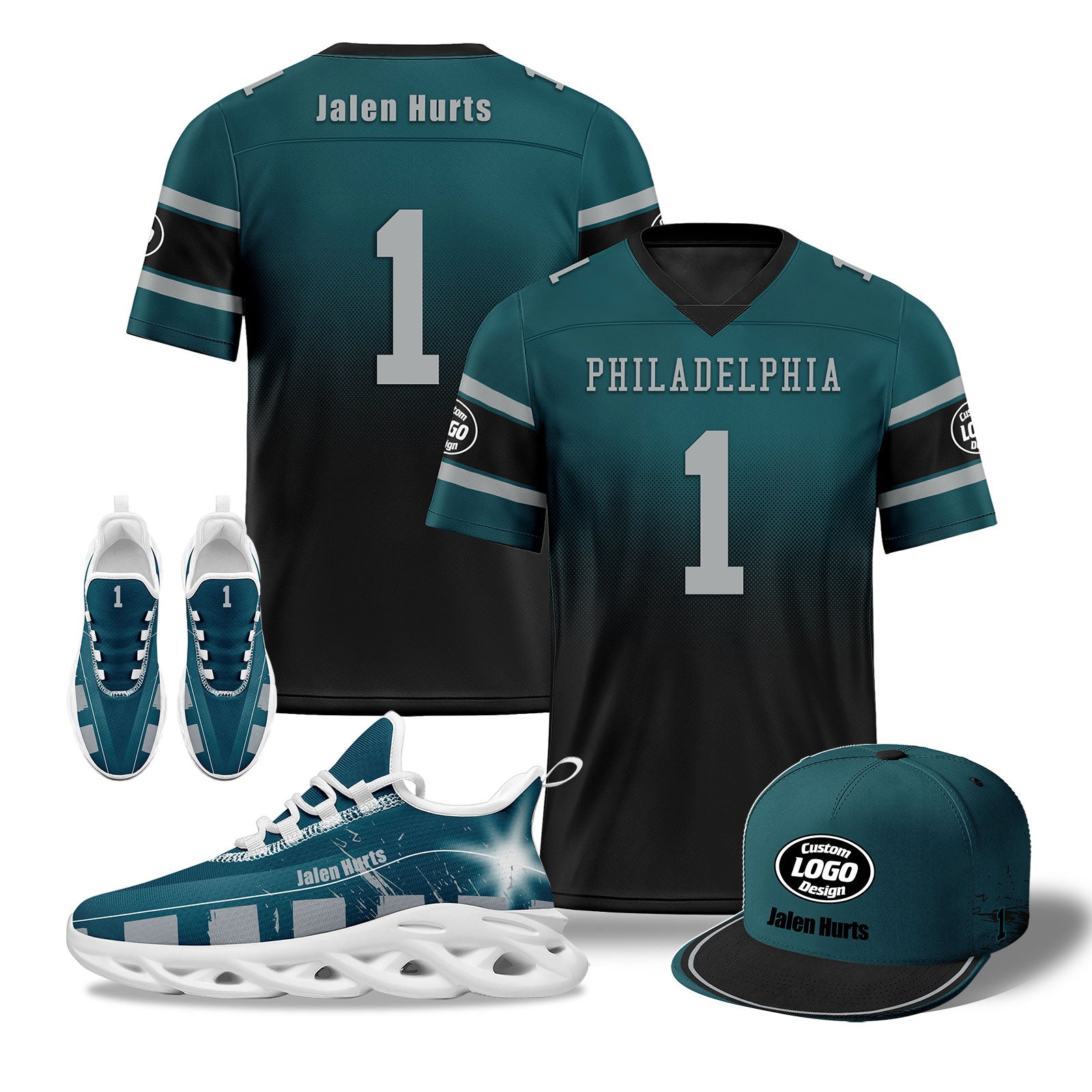 Custom Green & Black Philadelphia Eagles Football Shoes and Hat Combo - Personalized NFL Fan Gear for Men & Women - Perfect for Game Day, Tailgating, and Sports Enthusiasts