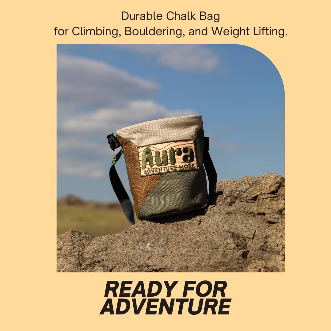 **Aura Premium Rock Climbing Chalk Bag - Adjustable Belt & Drawstring Closure - Ideal for Bouldering, Gym Weightlifting & Outdoor Adventures**    *(Use Case: Perfect for climbers, boulderers, and fitness enthusiasts to keep hands dry and improve grip during workouts or outdoor adventures.)*