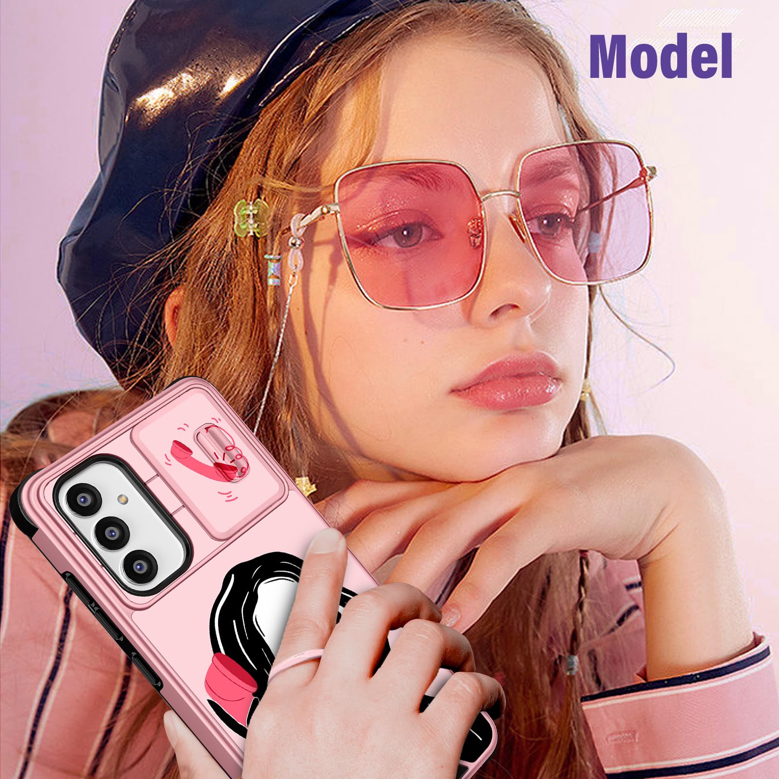 Samsung Galaxy A54 5G Case with Camera Cover & Ring Holder - Cute Girly Cartoon Shockproof Hard Phone Case for Women (6.4