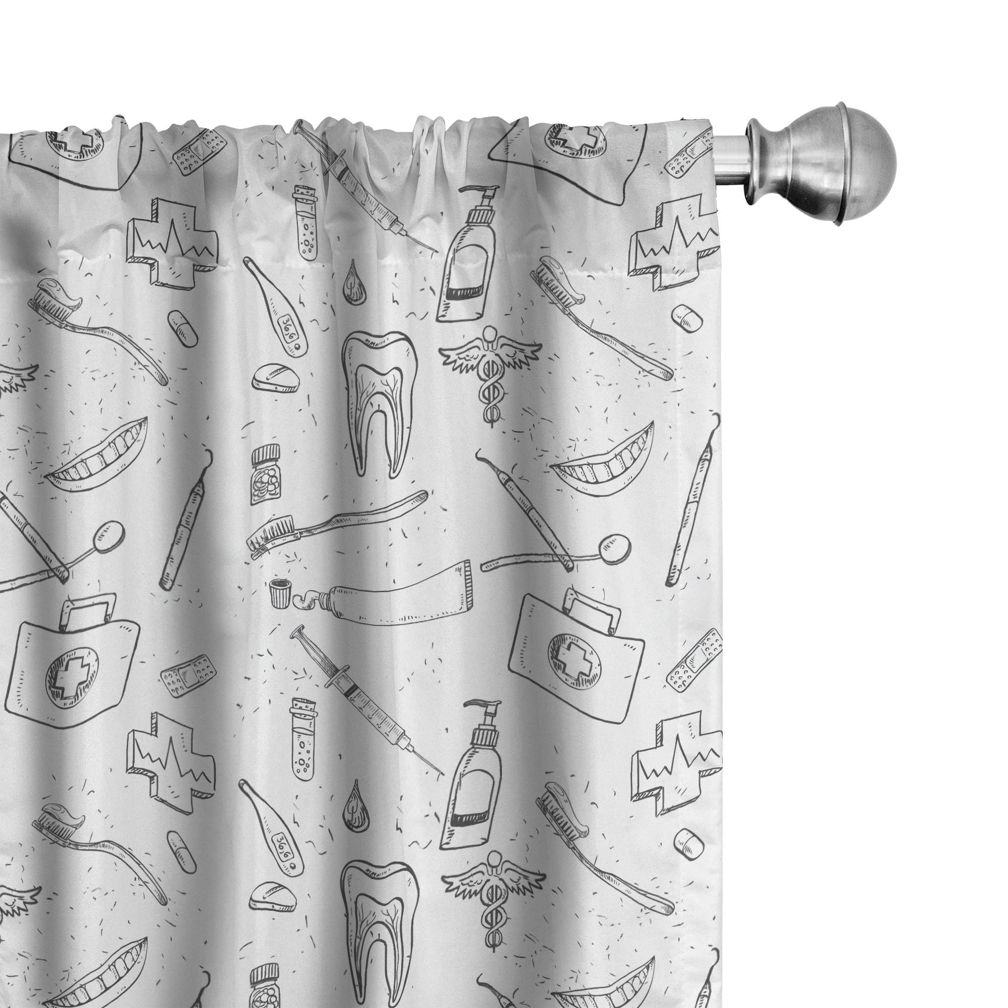 Ambesonne Hipster Black and White Dental Hygiene Themed Curtains - Hand Drawn Teeth Care Pattern, 2 Panel Set (28