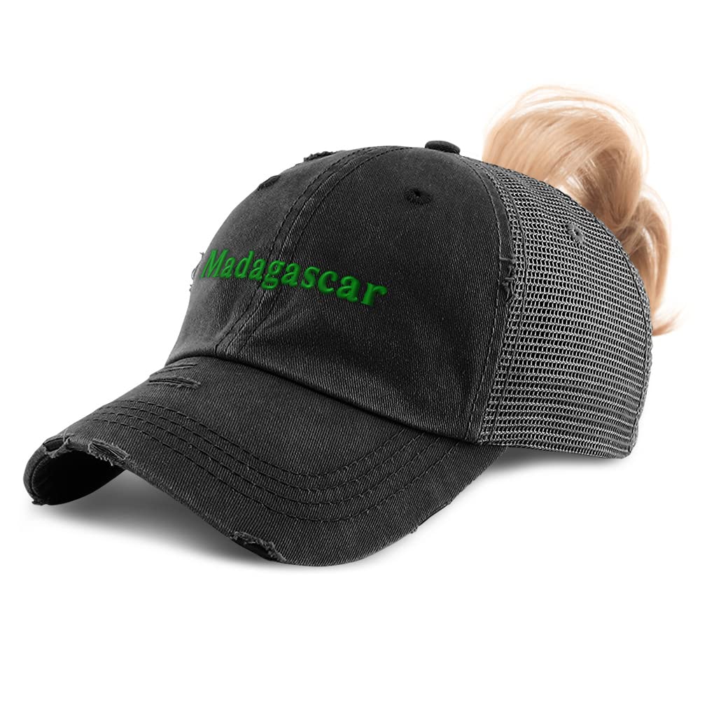Women's Cotton Distressed Trucker Hat with Ponytail Hole - Madagascar Love Design for Casual Outfits & Outdoor Activities