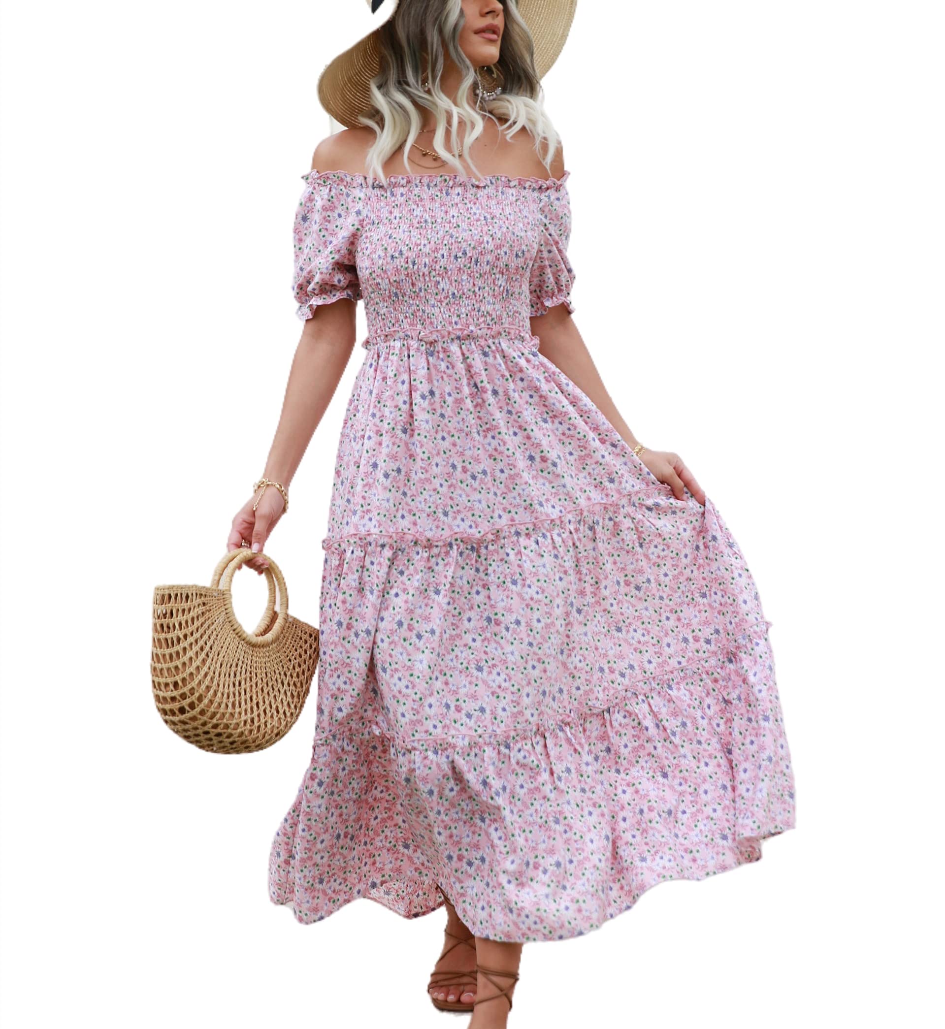Women's Off Shoulder Summer Dress - Polka Dot Floral Maxi Dress with Smocked Waist, Casual Swing Dress for Beach, Vacation & Date Night