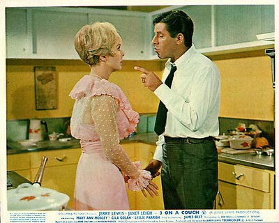 Vintage 3 On A Couch Movie Lobby Cards - Jerry Lewis & Janet Leigh in Kitchen Scene - Classic Film Memorabilia for Collectors & Home Theater Decor