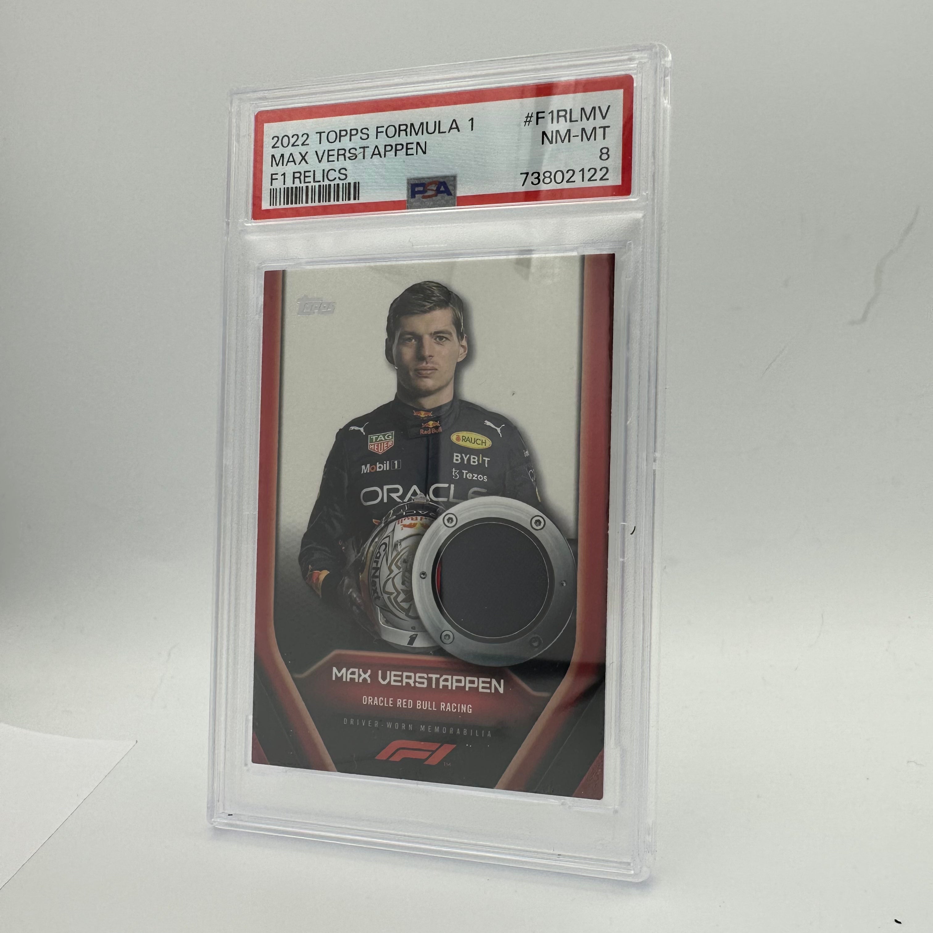 PSA 8 Graded Max Verstappen #F1RLMV Relic Card - F1 Racing Memorabilia for Collectors & Fans | Perfect for Display, Trading, and Sports Memorabilia Collections
