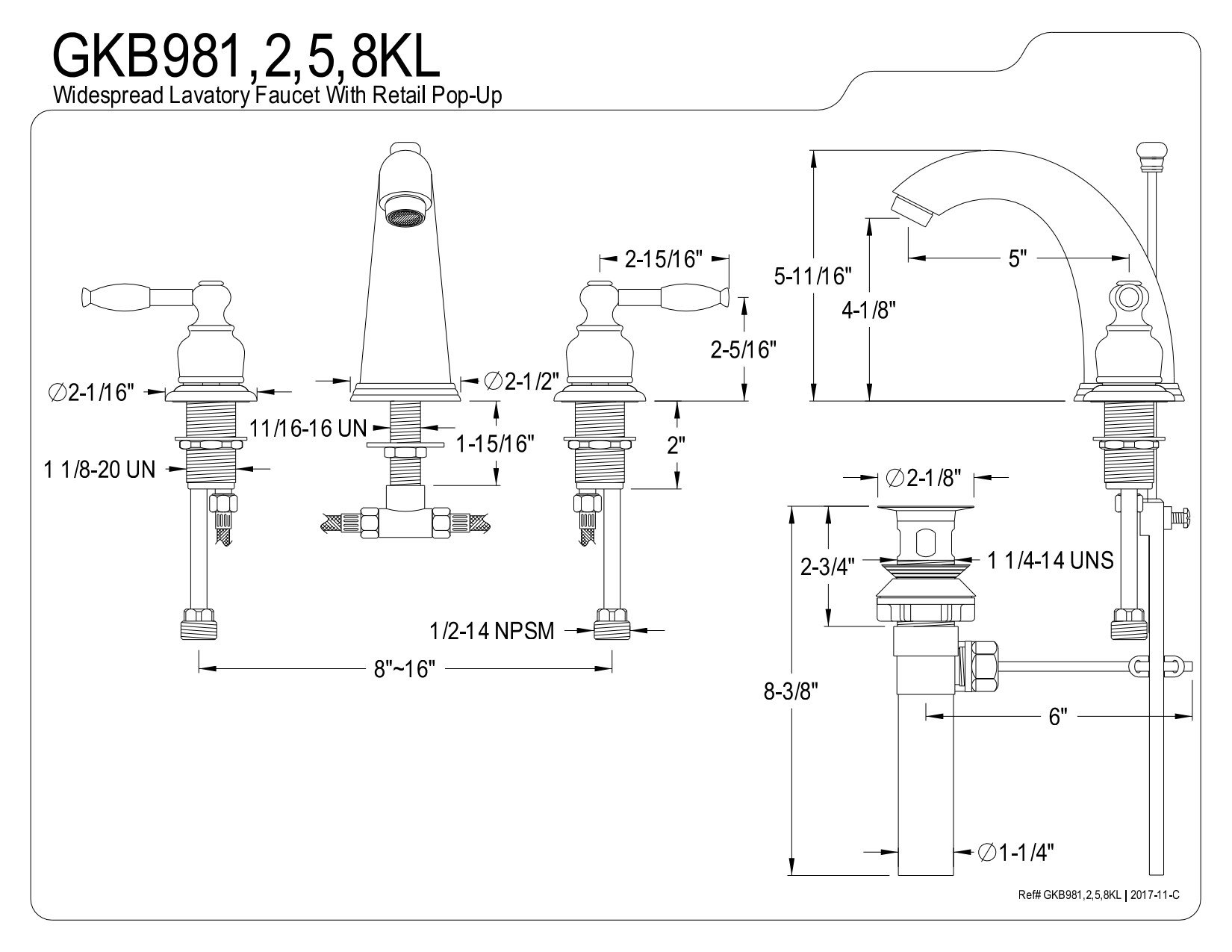 Kingston Brass GKB985KL Knight 8-Inch Widespread Bathroom Faucet with Pop-Up Drain, Oil Rubbed Bronze Finish - Perfect for Modern Vanities and Powder Rooms