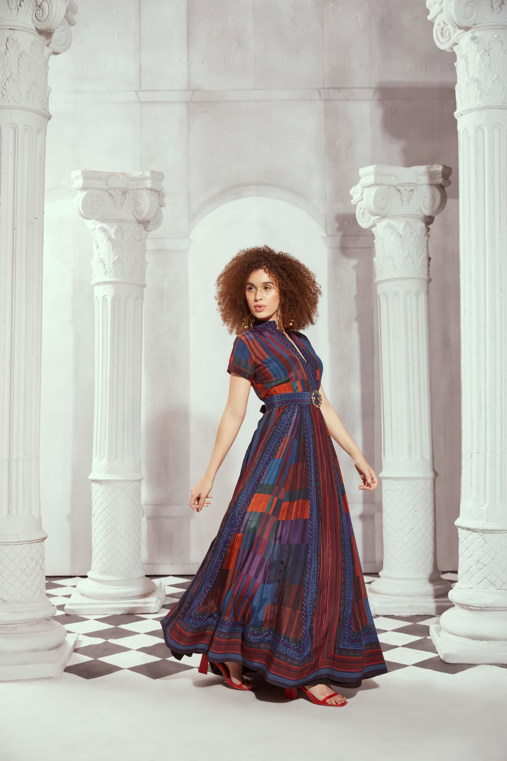 Stylish Tangerine Tile Print Long Dress with Adjustable Belt - Perfect for Summer Parties, Beach Vacations & Casual Outings