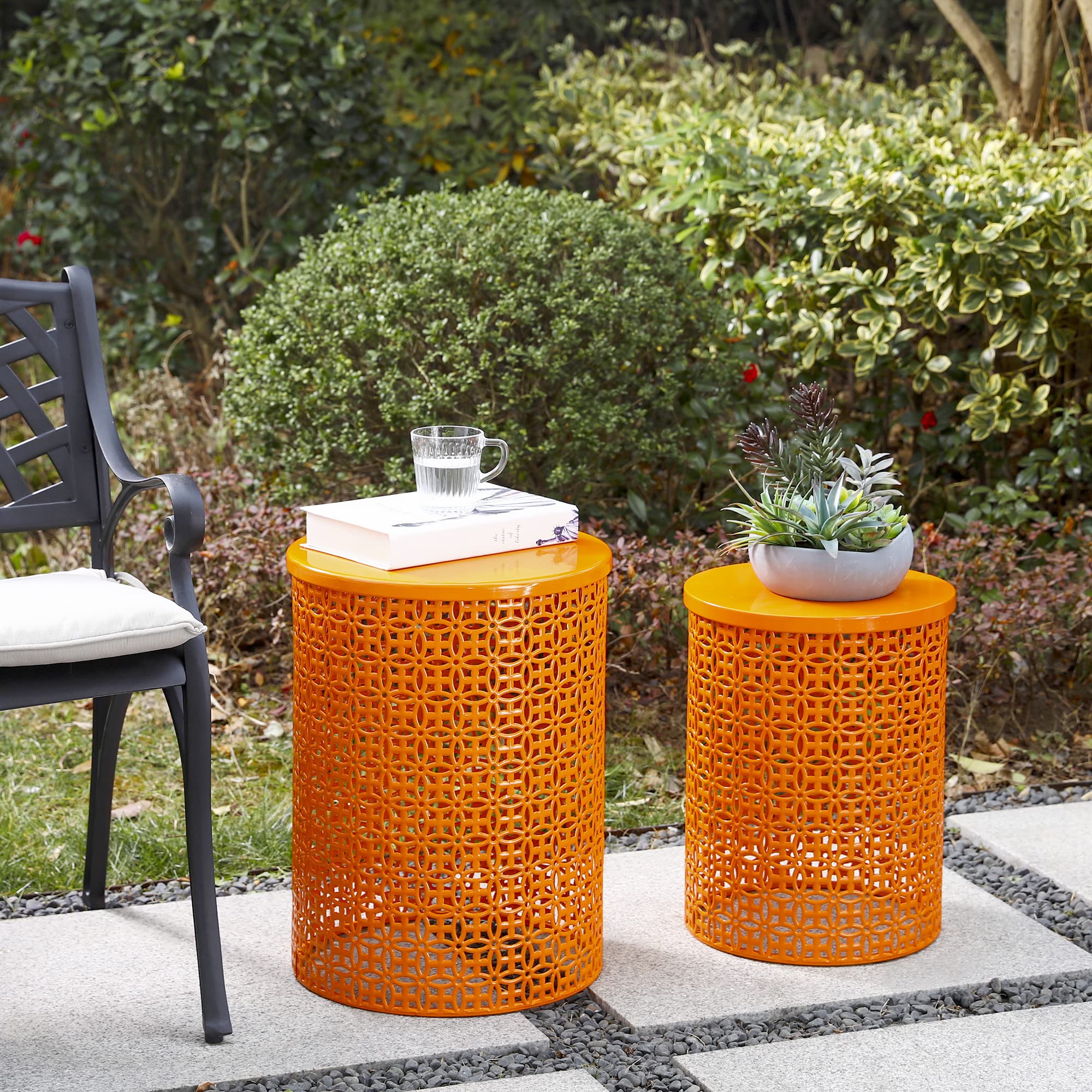 Glitzhome 2-Piece Outdoor Side Table Set - Heavy Duty Metal Frame Garden Stool for Indoor & Outdoor Use - Modern Glossy Orange Accent End Tables - Perfect for Patio, Deck, Balcony & Living Room Decor