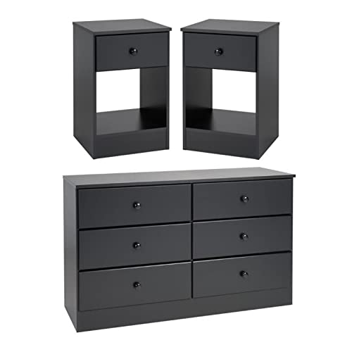 Home Square 3-Piece Bedroom Set - Black 2 Nightstands & 6-Drawer Double Dresser for Master Bedroom or Guest Room Furniture