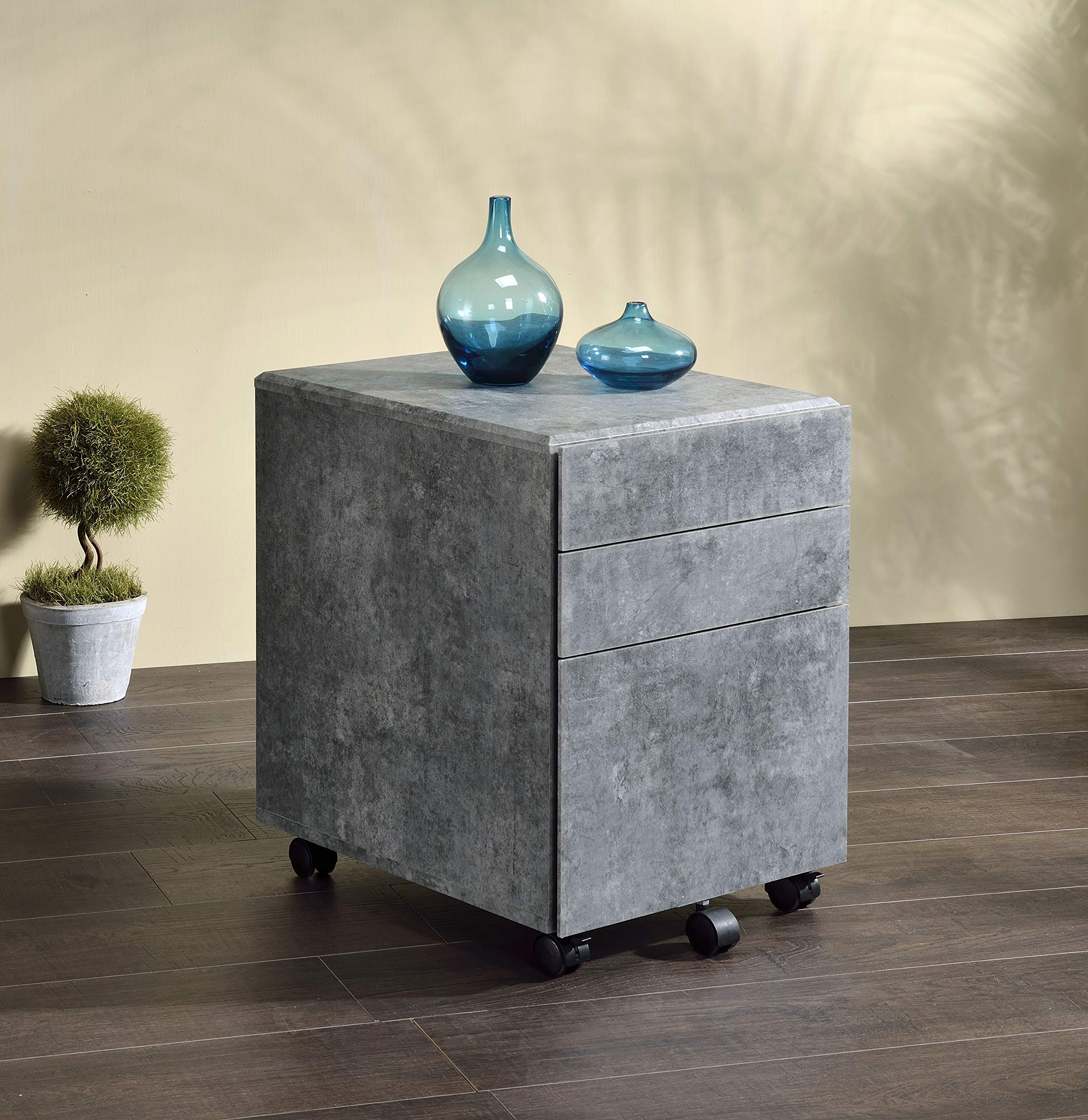 3 Drawer Mobile File Cabinet - Wood Rolling File Pedestal for Home Office, Portable Vertical Storage Organizer for A4 & Letter Size Documents (Faux Concrete & Silver) - Perfect for Office, Study Room or Home Workspace Organization