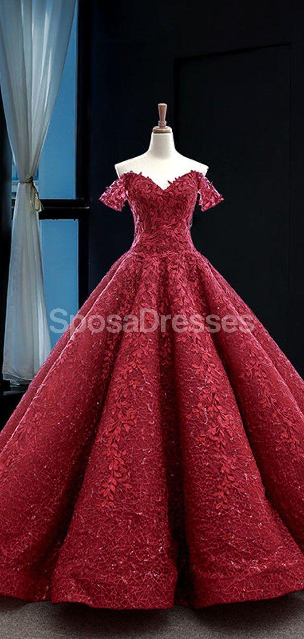 Elegant Off Shoulder Dark Red Lace Ball Gown - Formal Evening Prom Dress for Women | Perfect for Homecoming, Prom Night & Special Occasions
