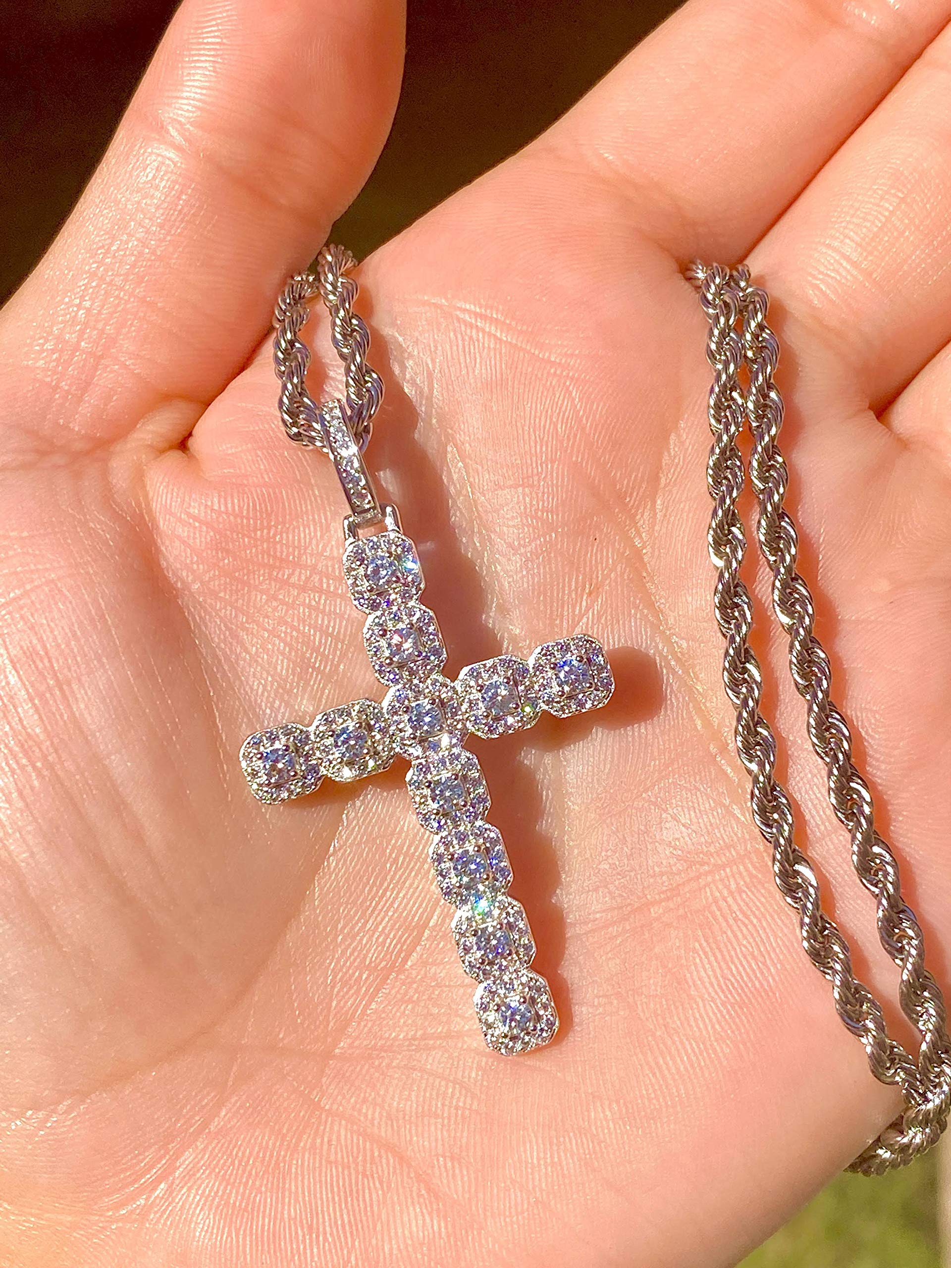 925 Sterling Silver Iced Out Tennis Cross Pendant for Men & Women - 3mm Stainless Steel Rope Chain (16
