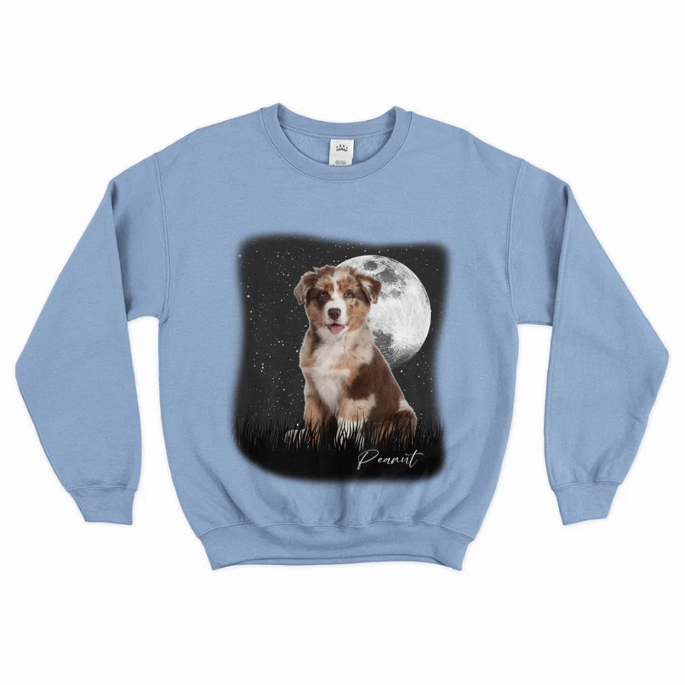 Custom Vintage Full Moon Pet Photo Sweatshirt - Personalized Dog Cat Lover Gift - Cozy Pullover for Family Matching Outfits, Couple Wear & Pet Memorial