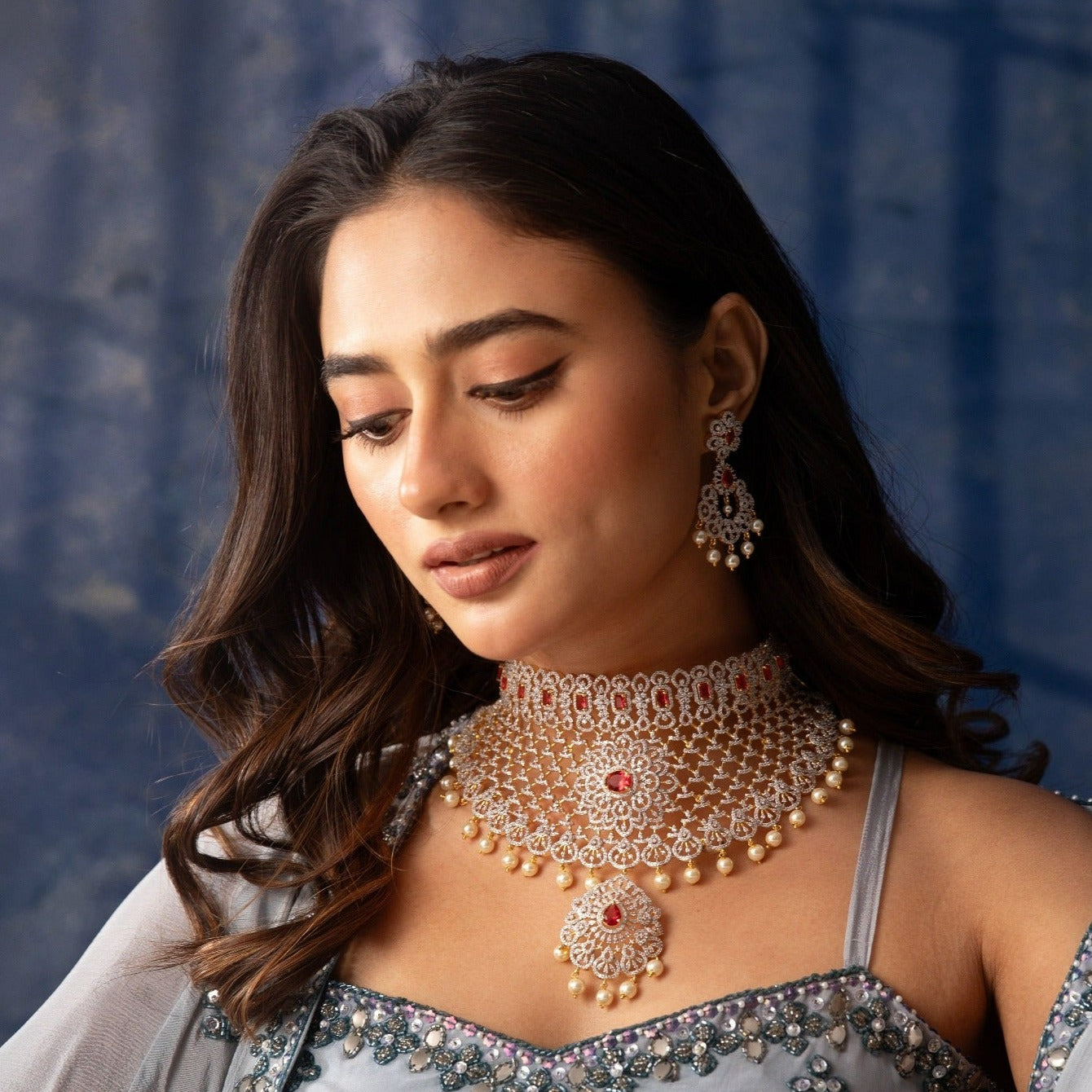 Aruni Nakshatra CZ Bridal Choker Set - Elegant Rhinestone Necklace for Weddings, Prom, Evening Parties & Special Occasions