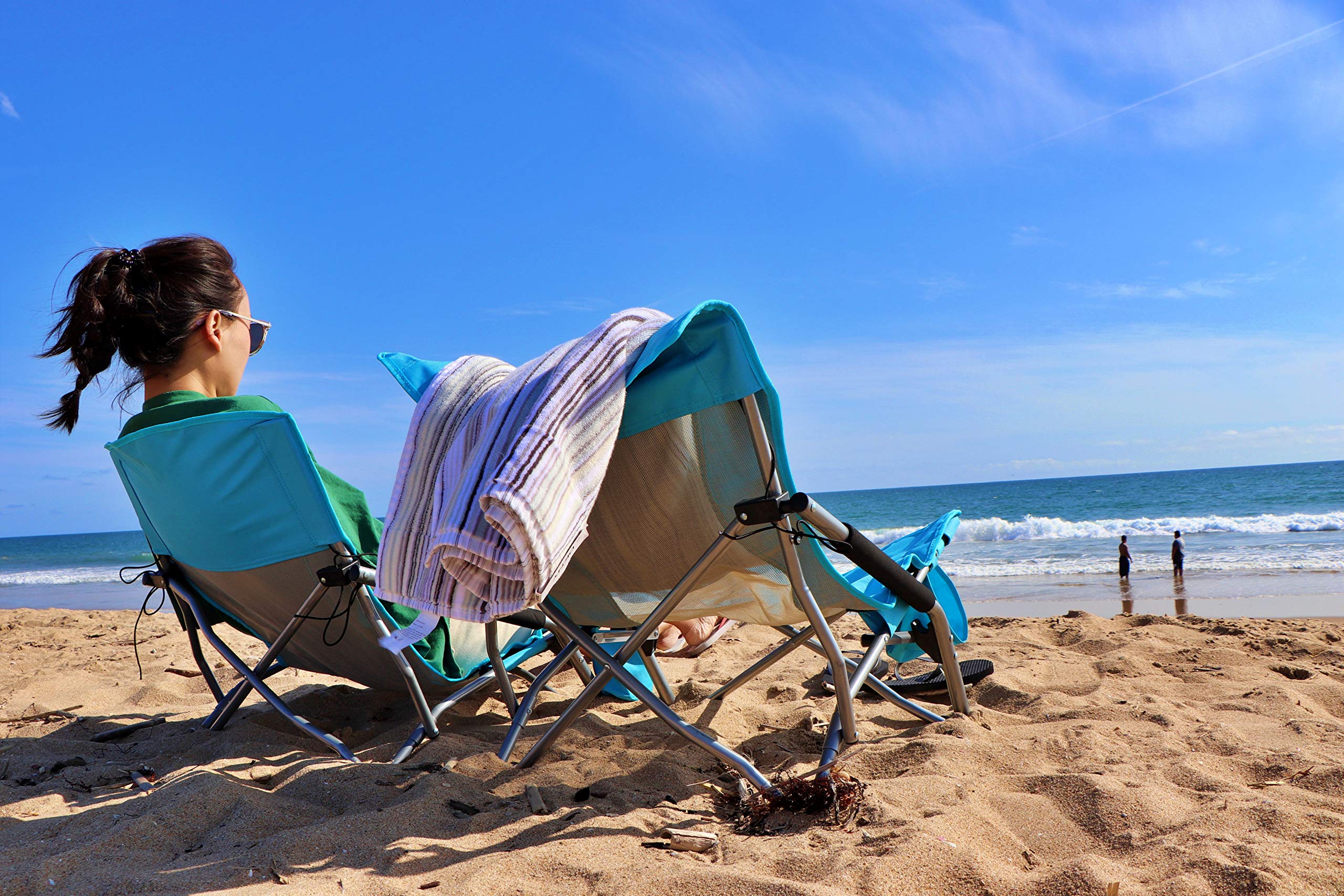 2 Pack Low Beach Chair & High Back Cooler Chair Set - Portable Folding Chairs for Beach, Pool, Camping, Picnics & Outdoor Relaxation
