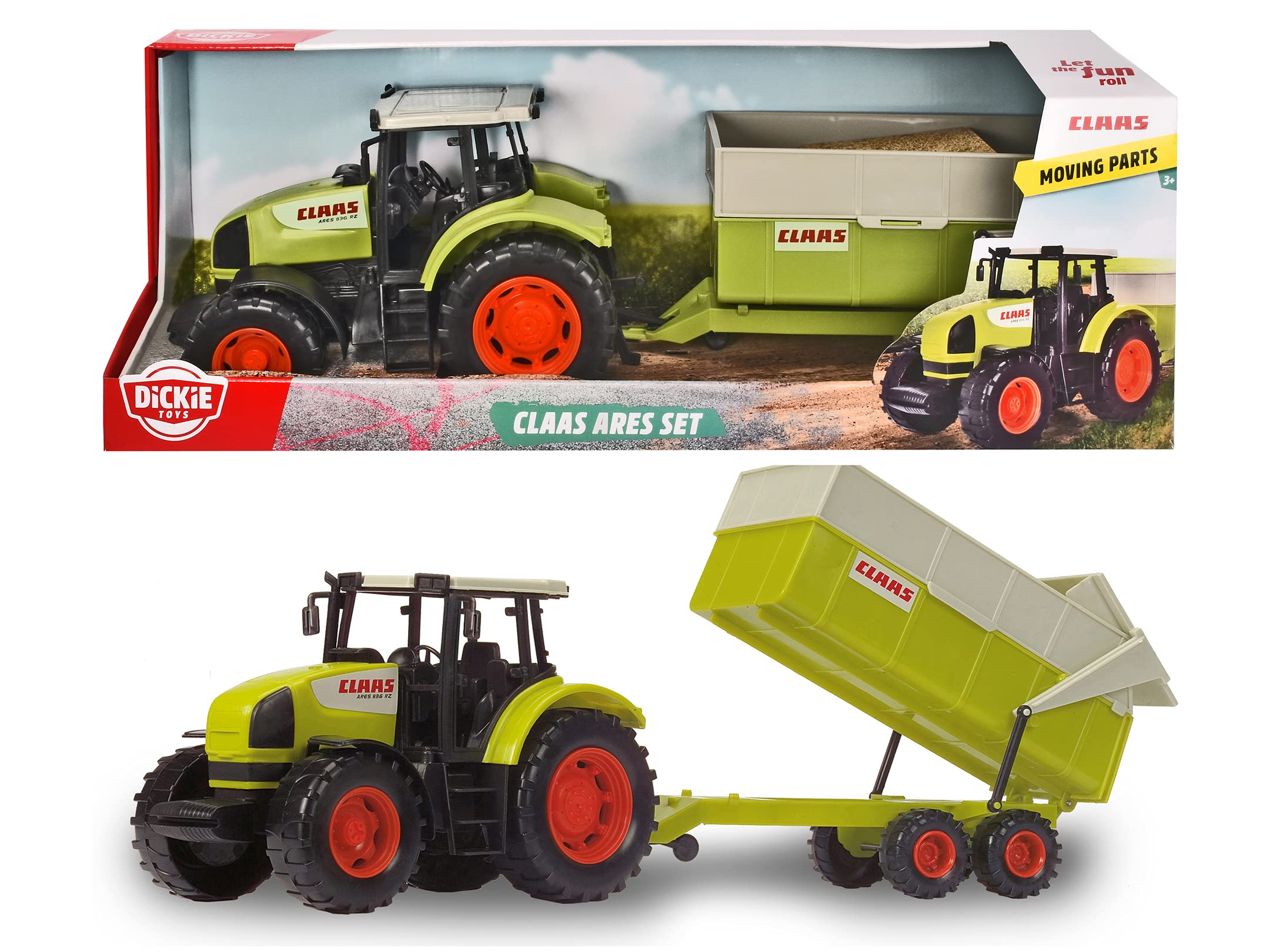 DICKIE TOYS CLAAS ARES Farm Tractor & Trailer Playset - Realistic Die-Cast Toy Vehicles for Kids - Perfect for Farm-Themed Pretend Play & Collectors