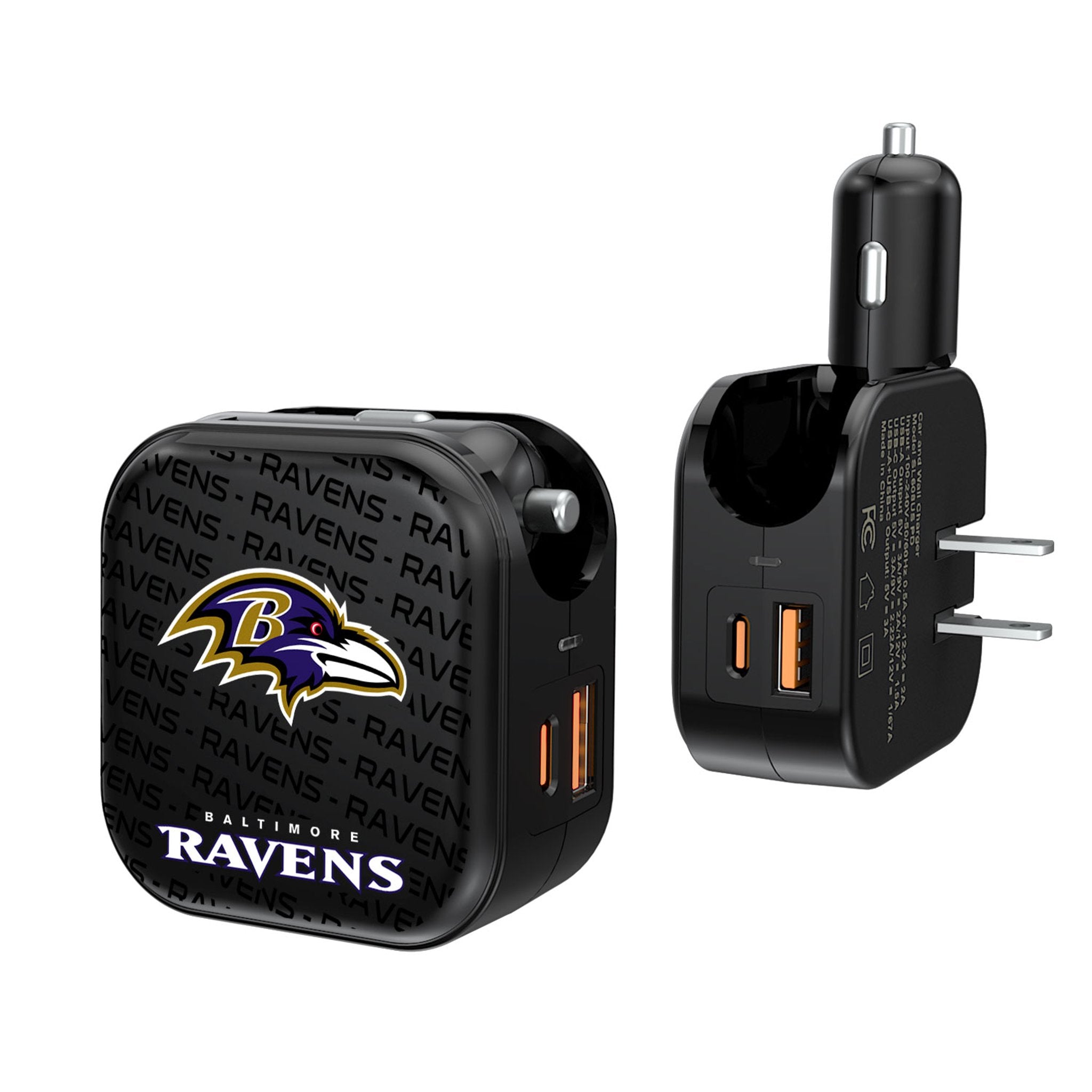 Baltimore Ravens 2-in-1 USB A/C Fast Charger with Team Logo - Perfect for Home, Office & Travel Charging Needs