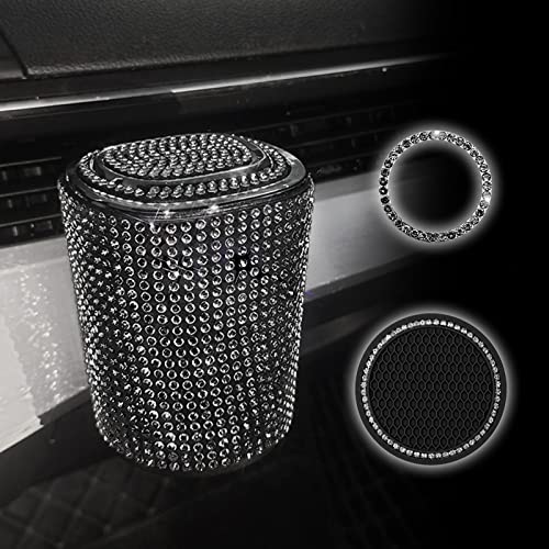 Bling Car Cigarette Ashtray with Lid & Blue LED Light - Smokeless Cup Holder Ashtray for Auto Vehicles - Perfect for Road Trips & Travel Accessories (Black)