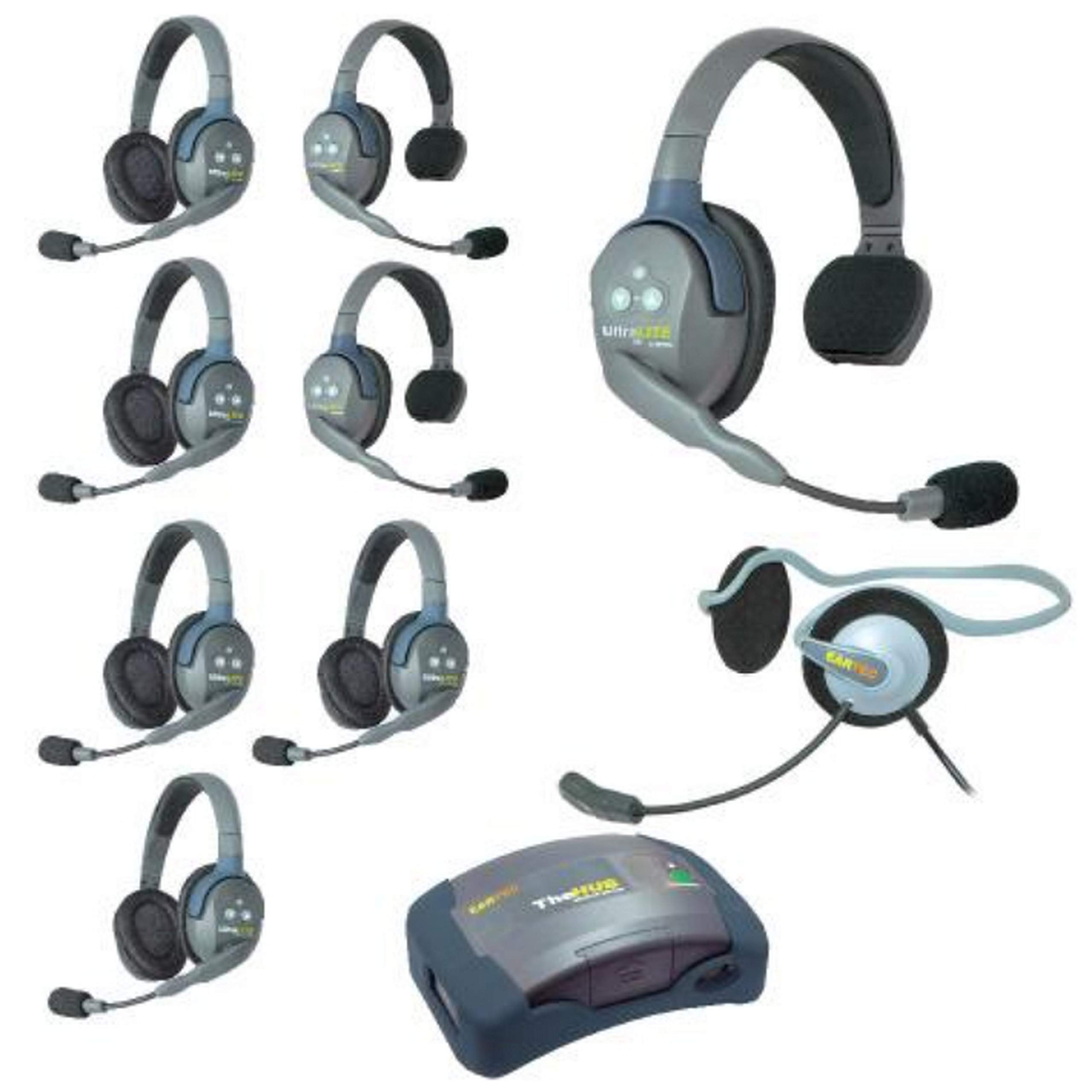 Eartec HUB935MON Ultralite 9-Person Wireless Headset System with 3 ULSR & 5 ULDR Headsets + Monarch - Ideal for Team Communication in Warehouses, Events & Training Sessions